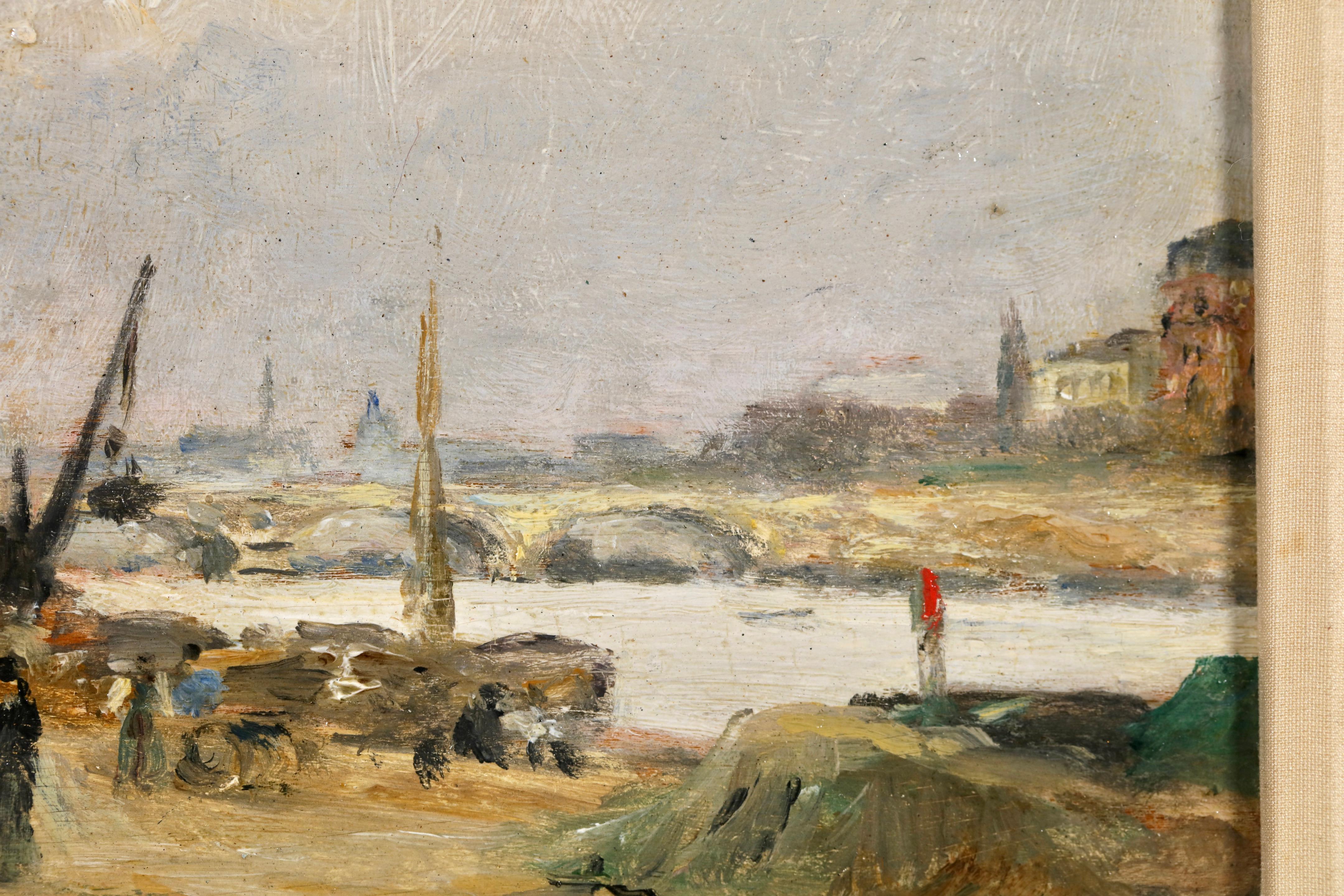 Construction du quai - Paesaggio impressionista dipinto a olio da Stanislas Lepine - Landscape Painting Marrone di Stanislas Victor Édouard Lépine