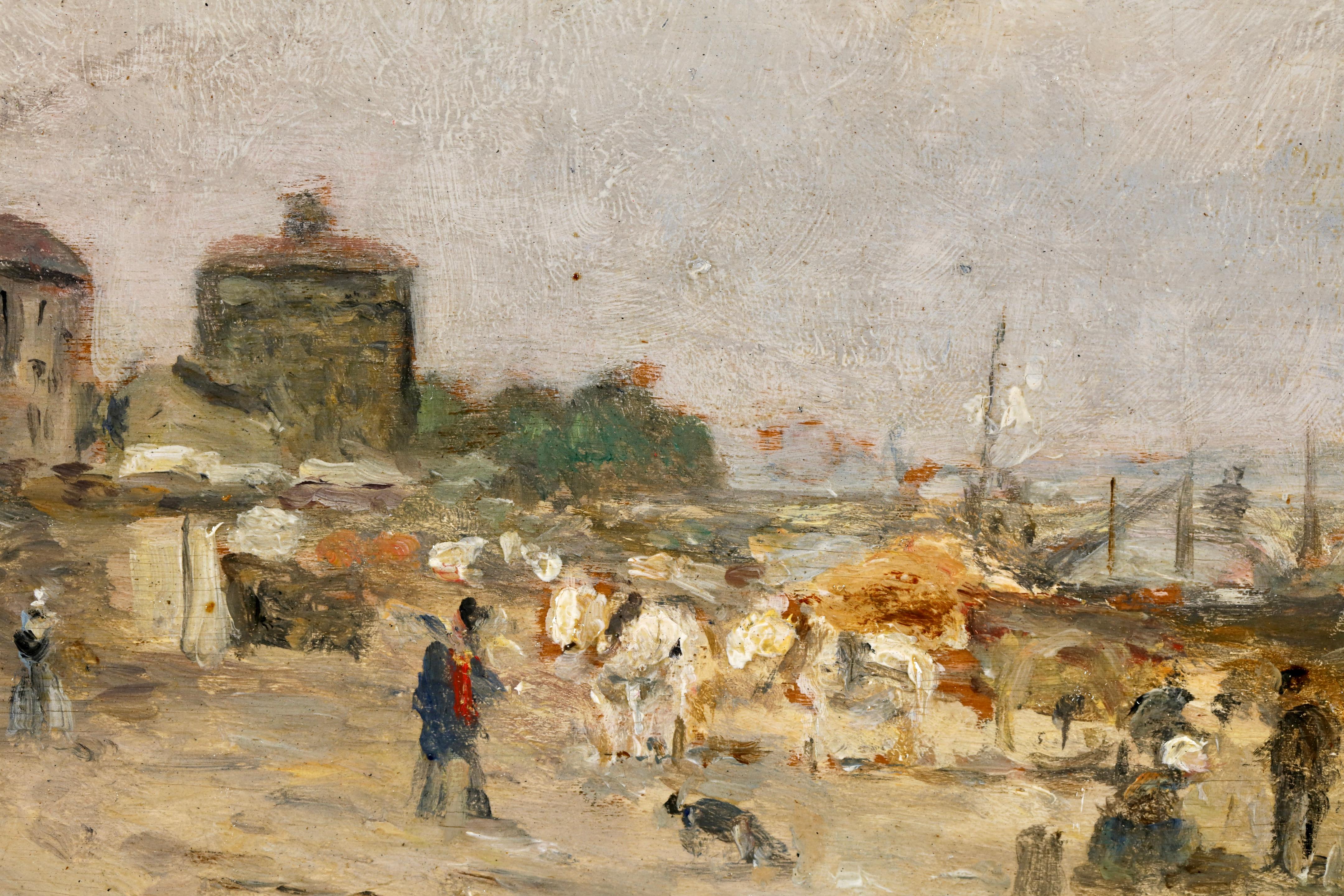 Figure impressioniste firmate in un paesaggio olio su tavola del 1875 circa del pittore francese Stanislas Victor Edouard Lepine. L'opera raffigura una veduta degli operai che costruiscono il molo sulla Senna a Parigi, in Francia.

Firma:
Firmato in