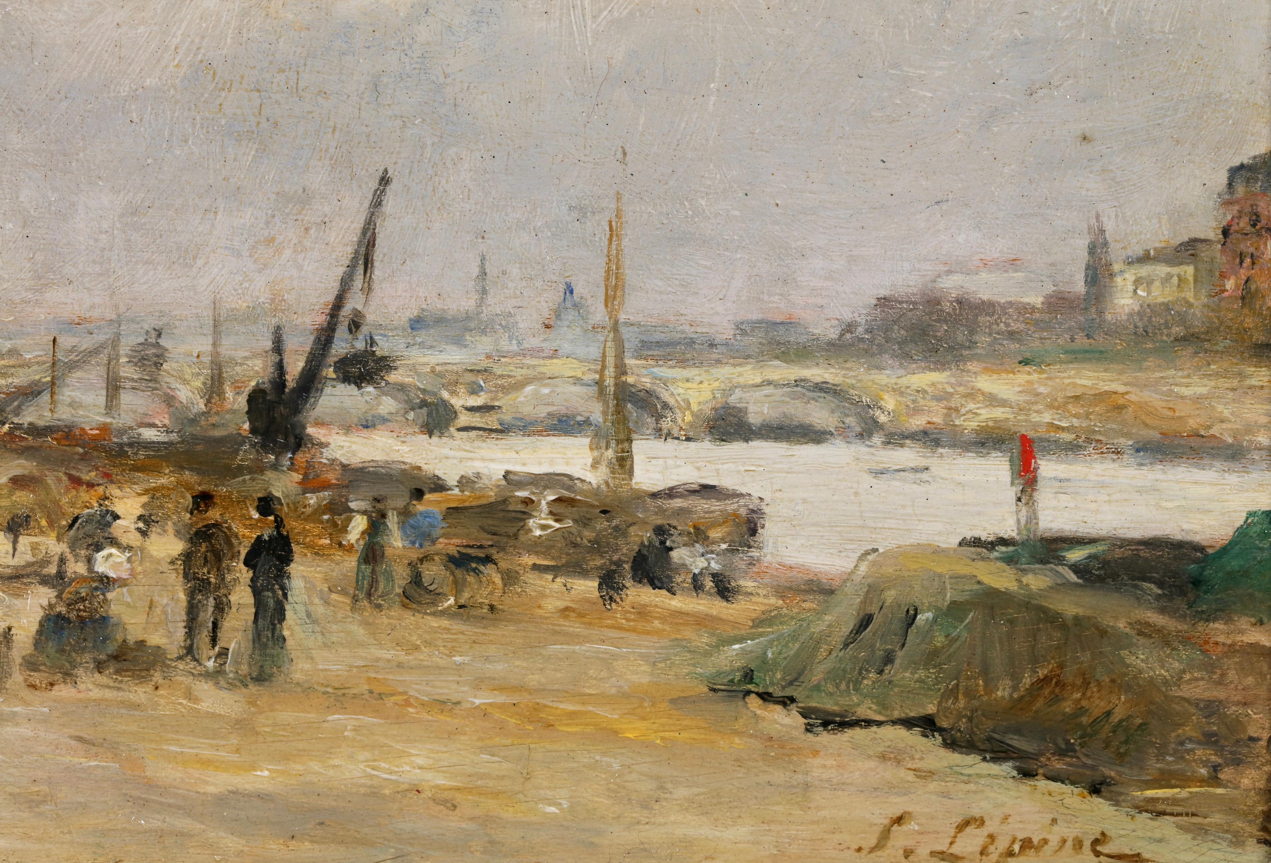 Construction du quai - Paesaggio impressionista dipinto a olio da Stanislas Lepine in vendita 2