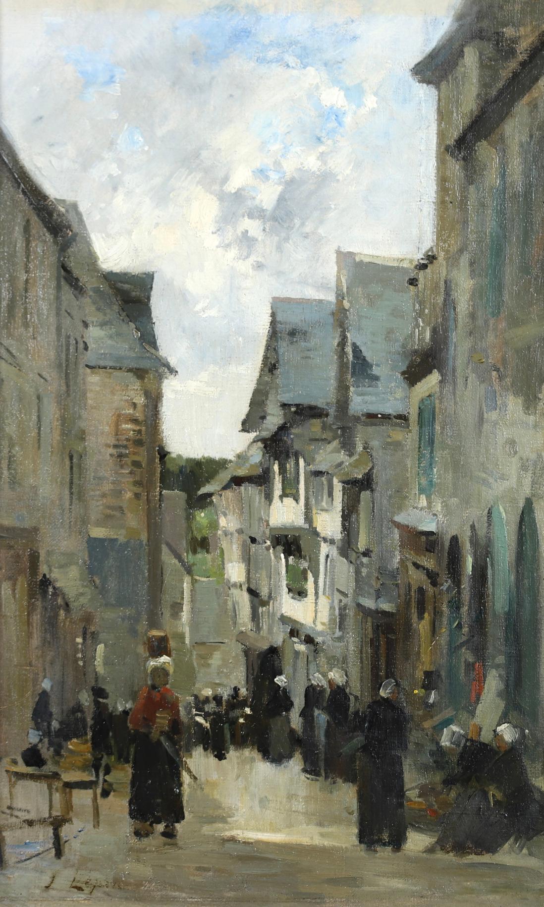 Figures in a Street - Normandy - Impressionist Figurative Oil - Stanislas Lepine - Painting by Stanislas Victor Édouard Lépine