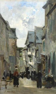 Figures in a Street - Normandy - Impressionist Figurative Oil - Stanislas Lepine