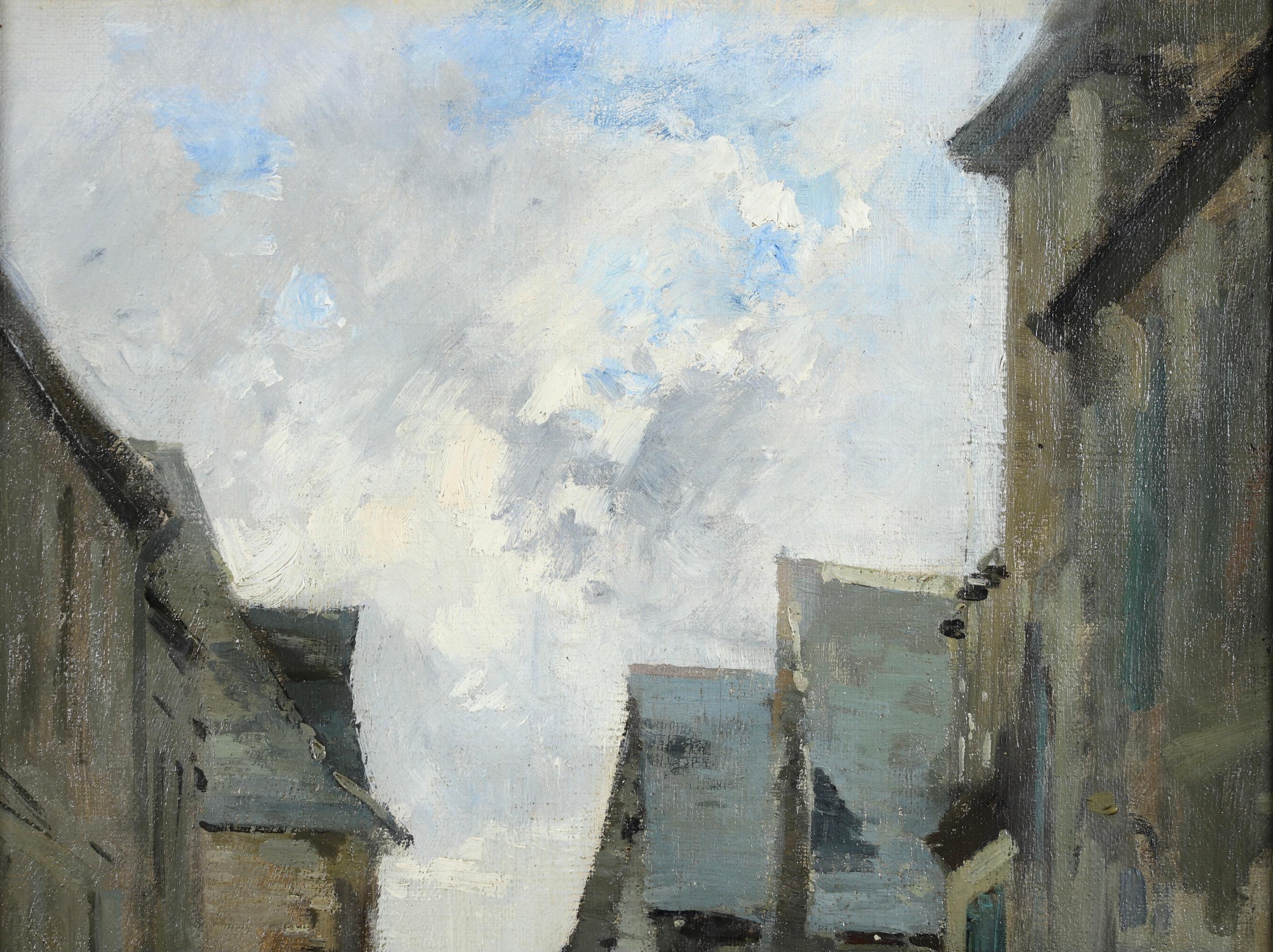 Signed figures in landscape oil on canvas circa 1860 by French impressionist painter Stanislas Lepine. The piece depicts a daytime view of a bustling street in Normandy on a cloudy day.

Signature:
Signed lower left and further signed and