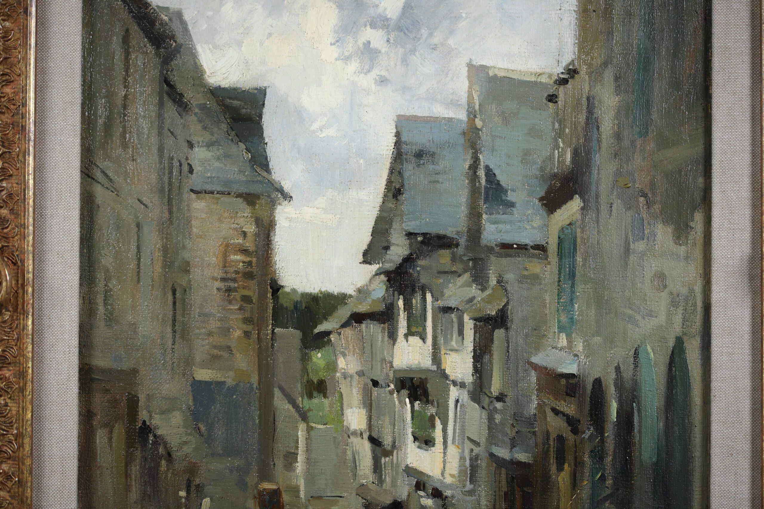 Signed figures in landscape oil on canvas circa 1860 by French impressionist painter Stanislas Lepine. The piece depicts a daytime view of a bustling street in Normandy on a cloudy day.

Signature:
Signed lower left and further signed and