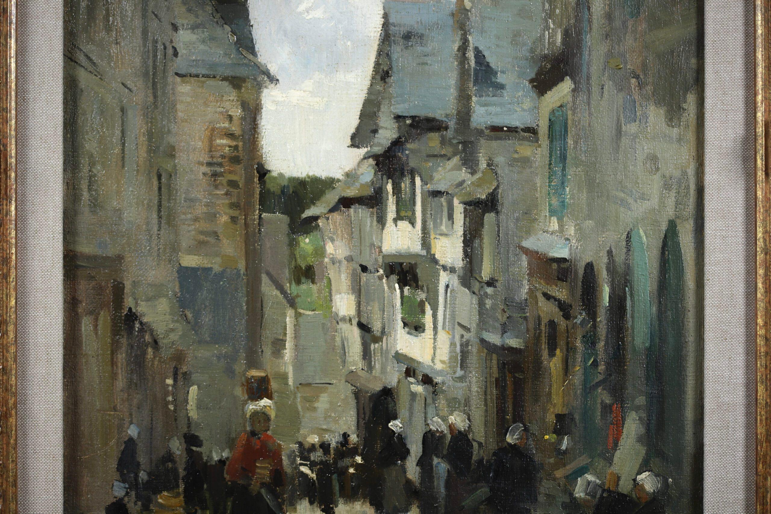Figures in a Street - Normandy - Impressionist Figurative Oil - Stanislas Lepine For Sale 2