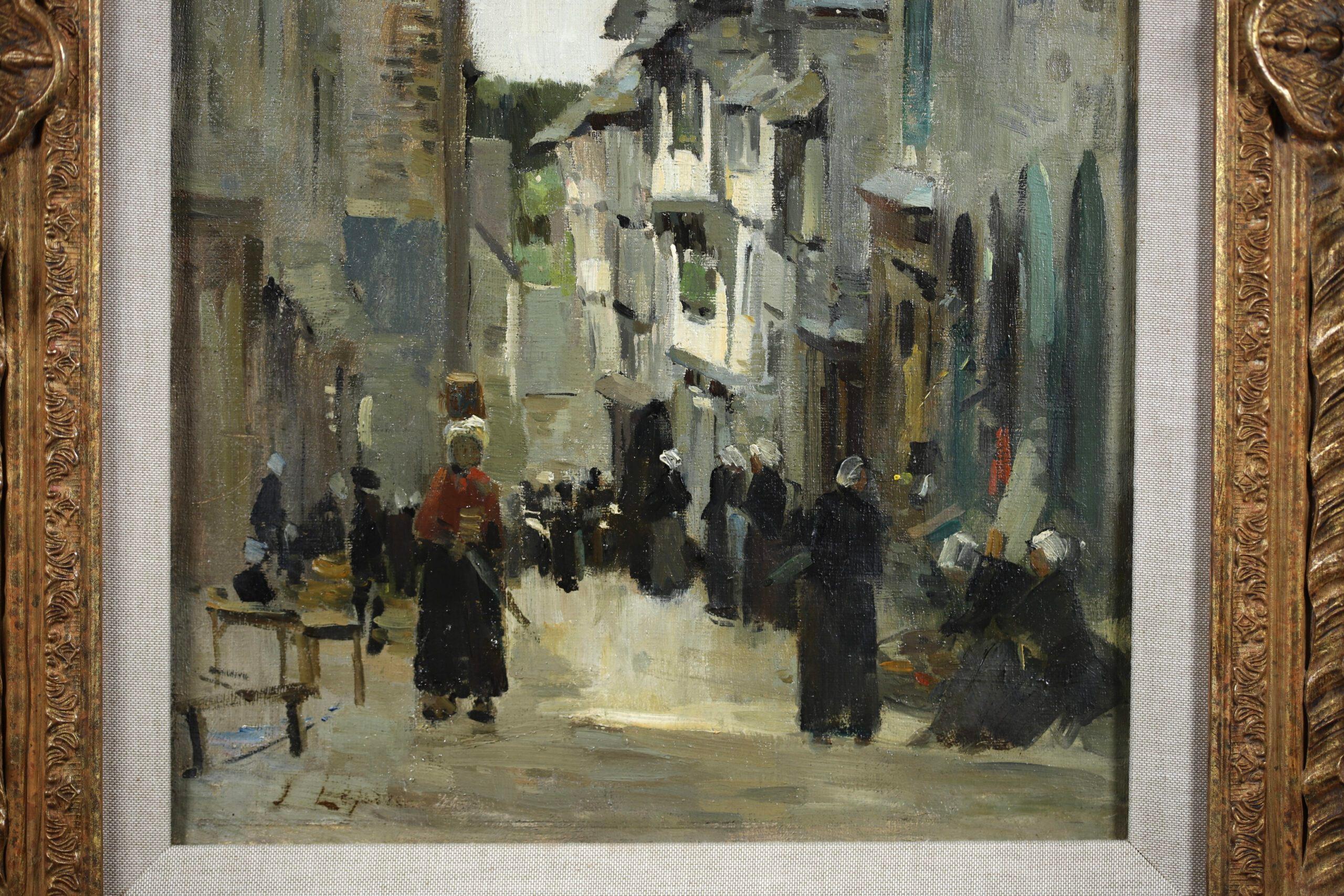 Figures in a Street - Normandy - Impressionist Figurative Oil - Stanislas Lepine For Sale 3