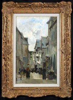 Figures dans une rue - Normandie - Huile figurative impressionniste - Stanislas Lepine