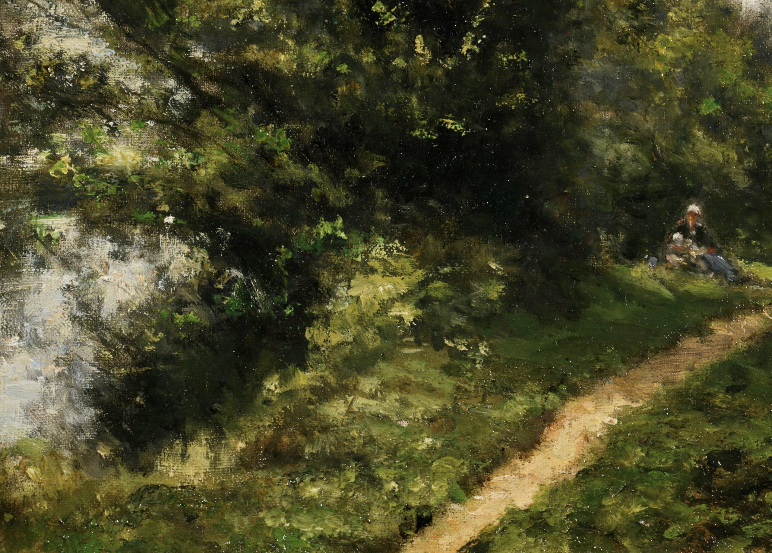 Signierte Figuren in Landschaft Öl auf Leinwand um 1880 von Französisch impressionistischen Maler Stanislas Victor Edouard Lepine. Das Stück zeigt zwei Arbeiter bei der Heuernte an einem Sommertag. Eine in die Hecken eingebettete Mutter wiegt ihr