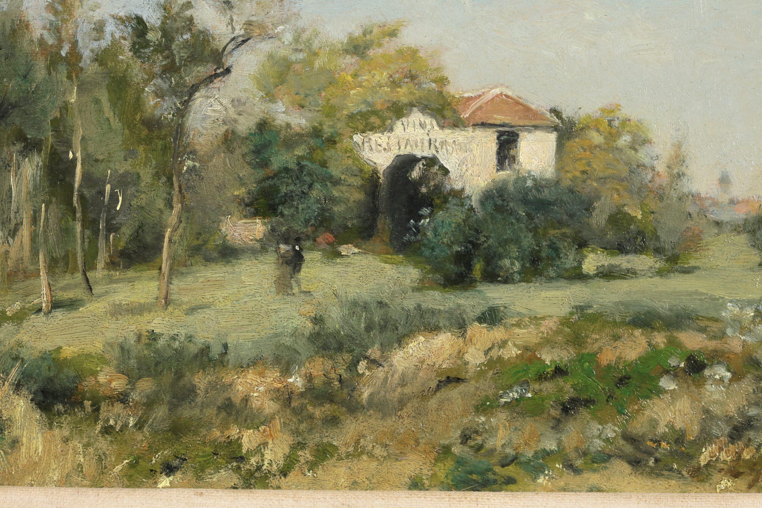 Signed impressionist landscape oil on panel circa 1872 by French painter Stanislas Victor Edouard Lepine. The piece depicts a view of La Maison Blanche in Bas Meudon, France. 

Signature:
Signed lower right

Dimensions:
Framed: 13