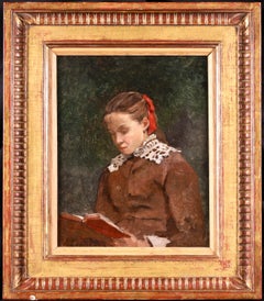 Young Girl Reading - French Impressionist Oil, Portrait by Stanislas Lepine 
