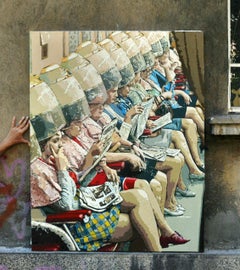 Figuratives Vintage-Haarfrieren-Acryl-Gemälde in Rot Weiß Blau Gelb Rosa Grün