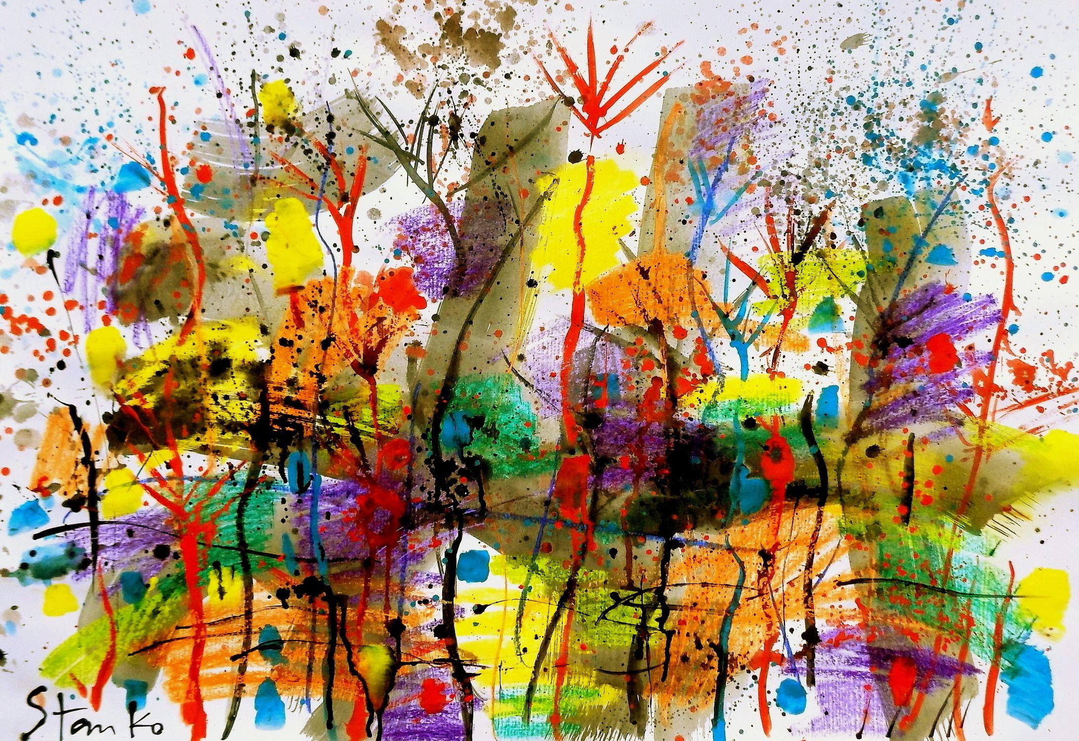 Landschaftsbild auf Jazz-XCV, Gemälde, Acryl auf Papier – Painting von Stanislav Bojankov