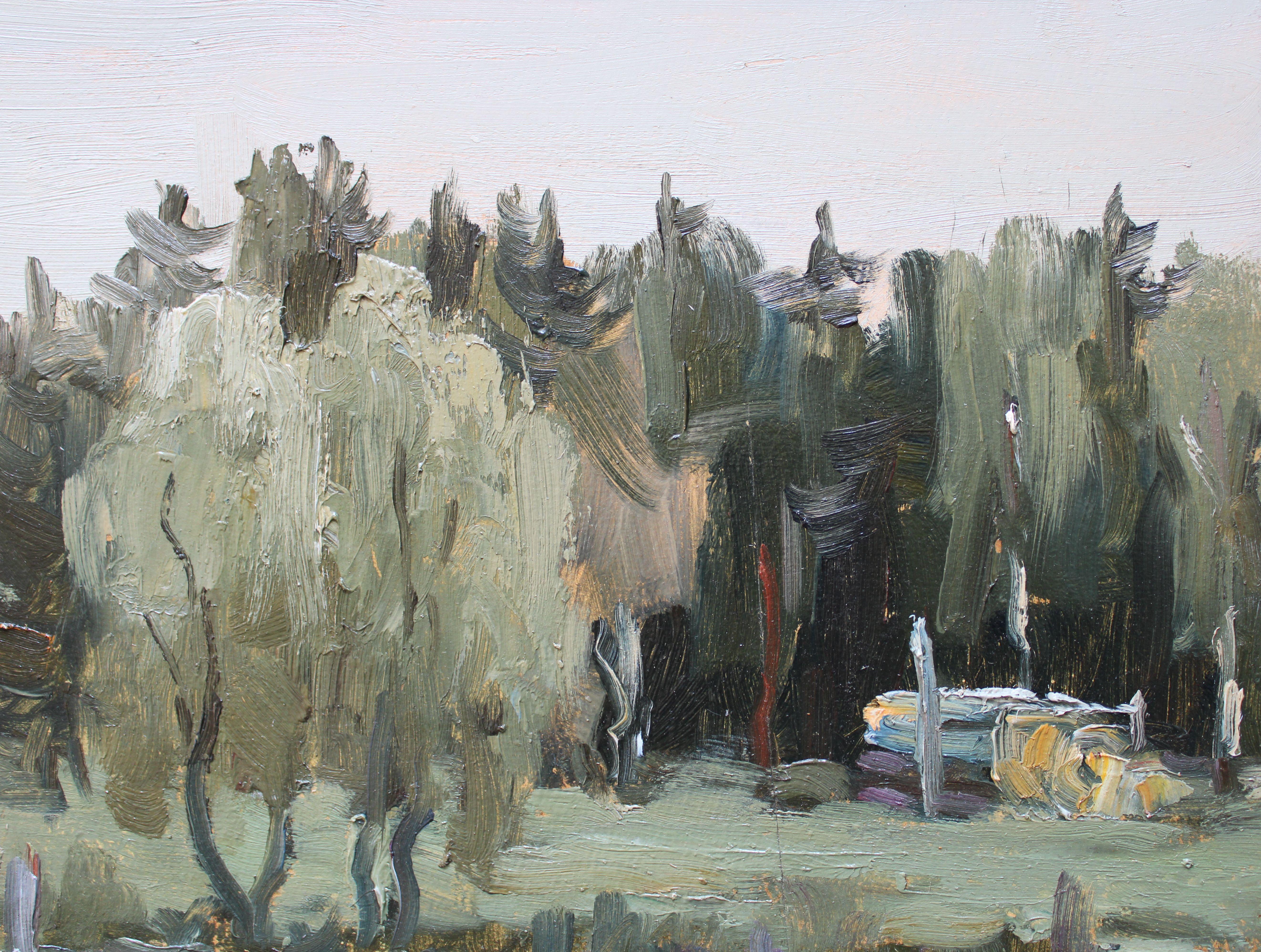Rural road. Cardboard, oil, 50x60 cm - Gray Animal Painting by Stanislav Ivanicki 