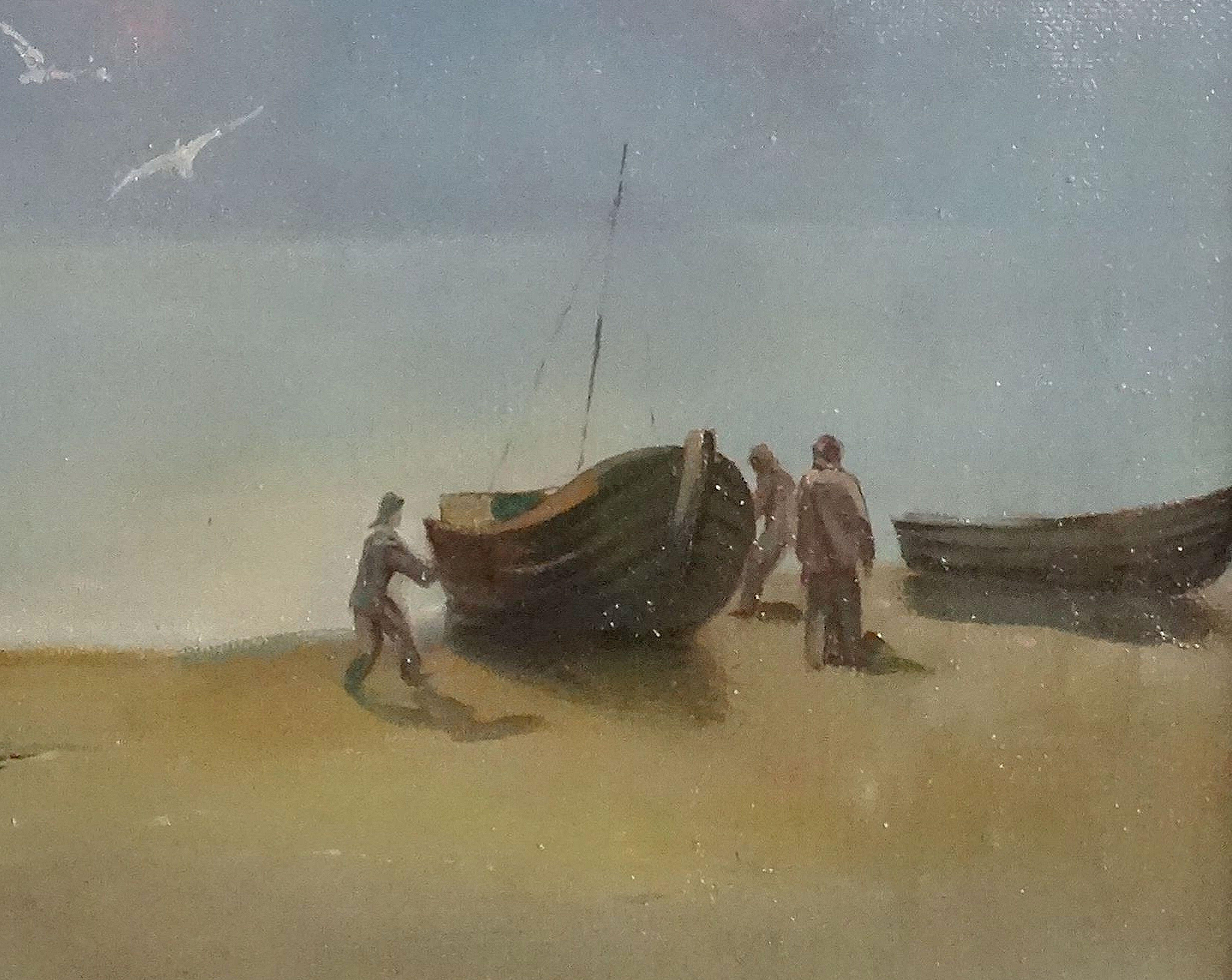 Fishing boats  1974, oil on canvas, 57x68 cm - Gray Landscape Painting by Stanislav Kreics