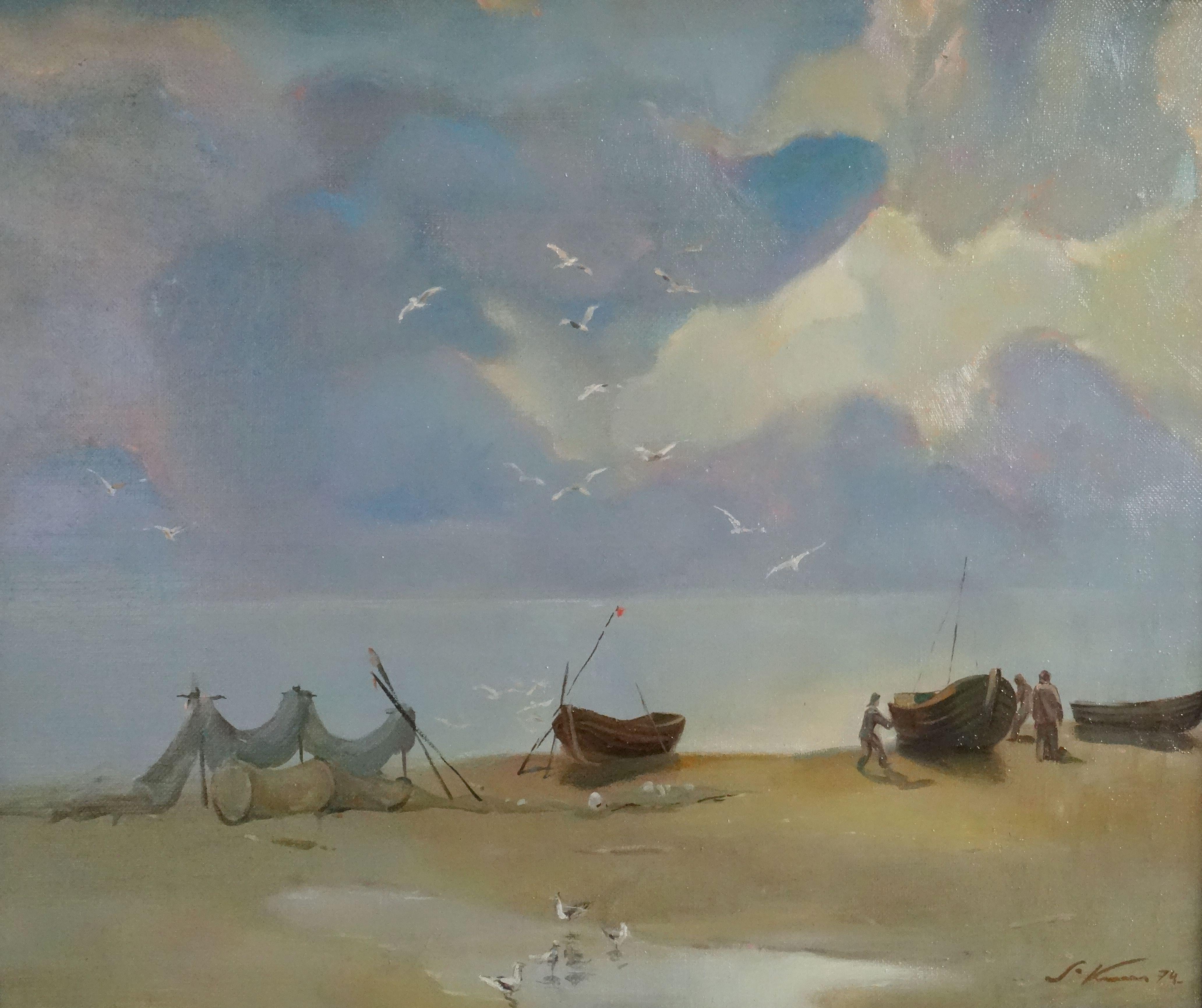 Stanislav Kreics Landscape Painting - Fishing boats  1974, oil on canvas, 57x68 cm