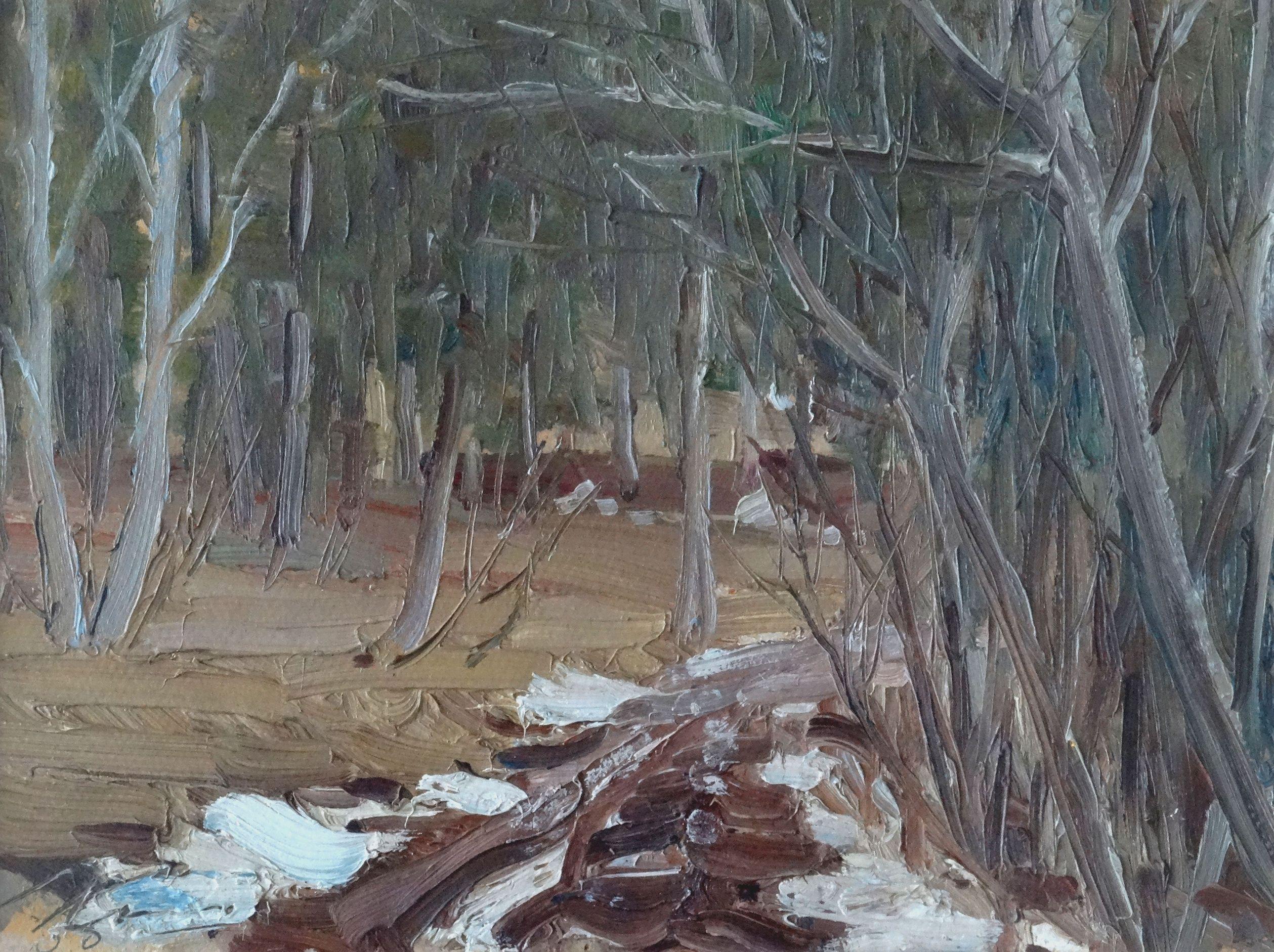 Stanislav Kreics Landscape Painting - In the forest  Cardboard, oil, 29.5x39.5 cm