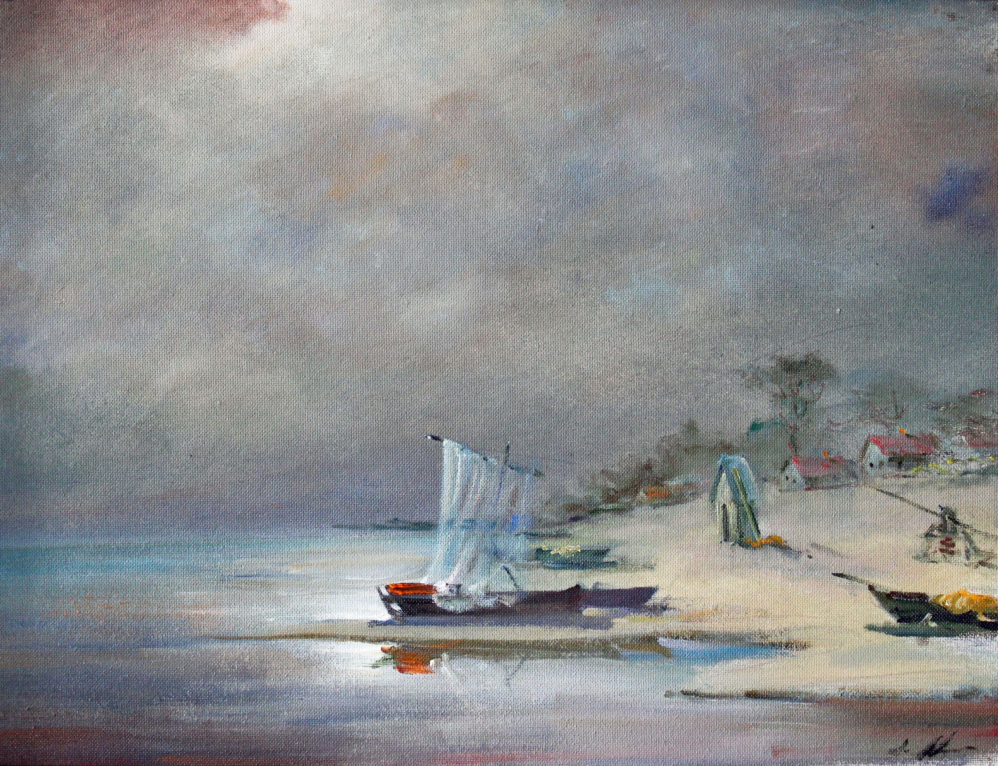 Stanislav Kreics Landscape Painting - Nocturne. 1987, cardboard, oil, 65x85 cm