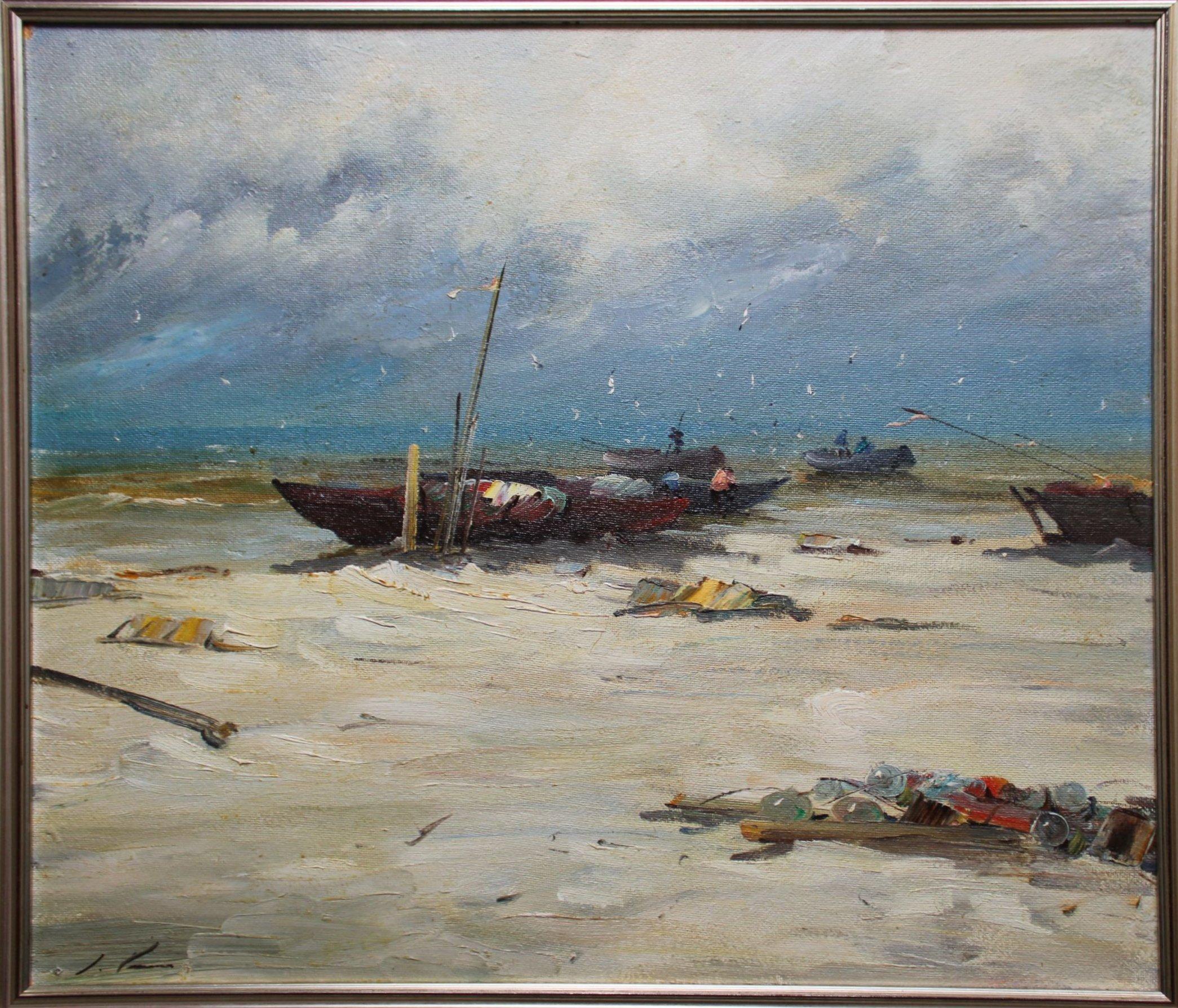 Mer, carton/huile, 67x77 cm - Réalisme Painting par Stanislav Kreics