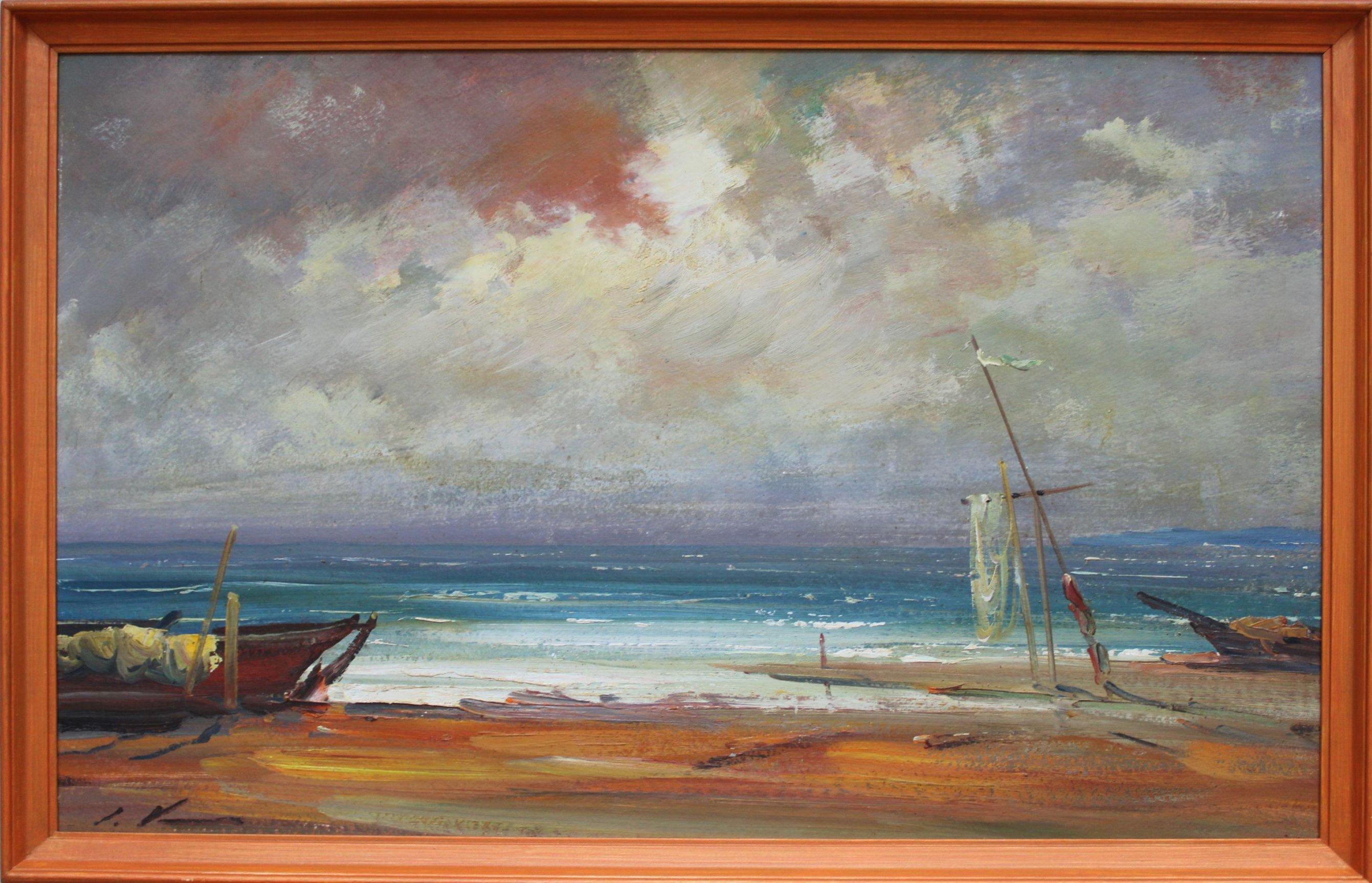 Der Sturm ist vorbeigegangen. 1978, Karton, Öl, 40x64 cm – Painting von Stanislav Kreics