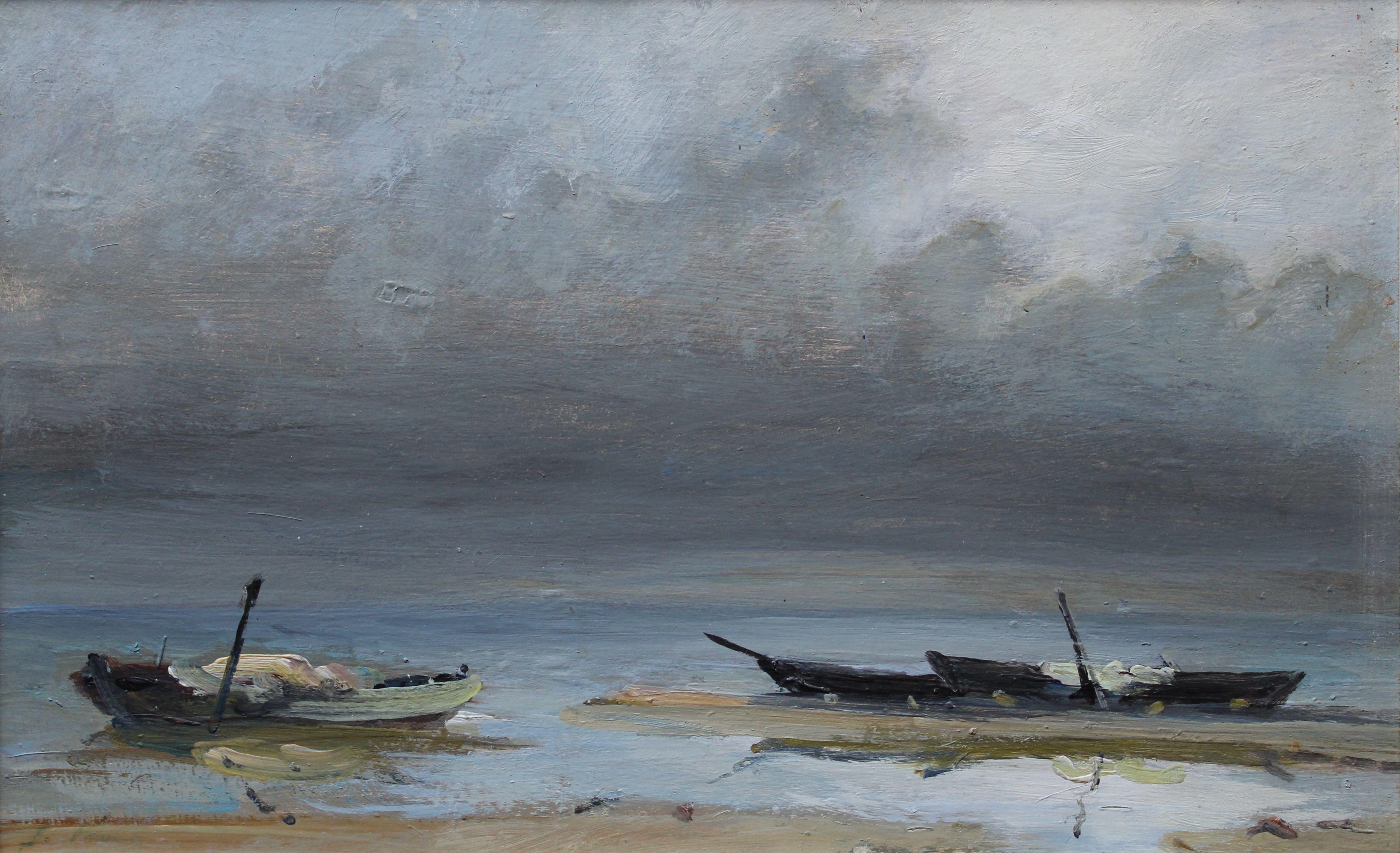 Landscape Painting Stanislav Kreics - La tempête est survenue  1986, huile sur carton, 30 x 47,5 cm