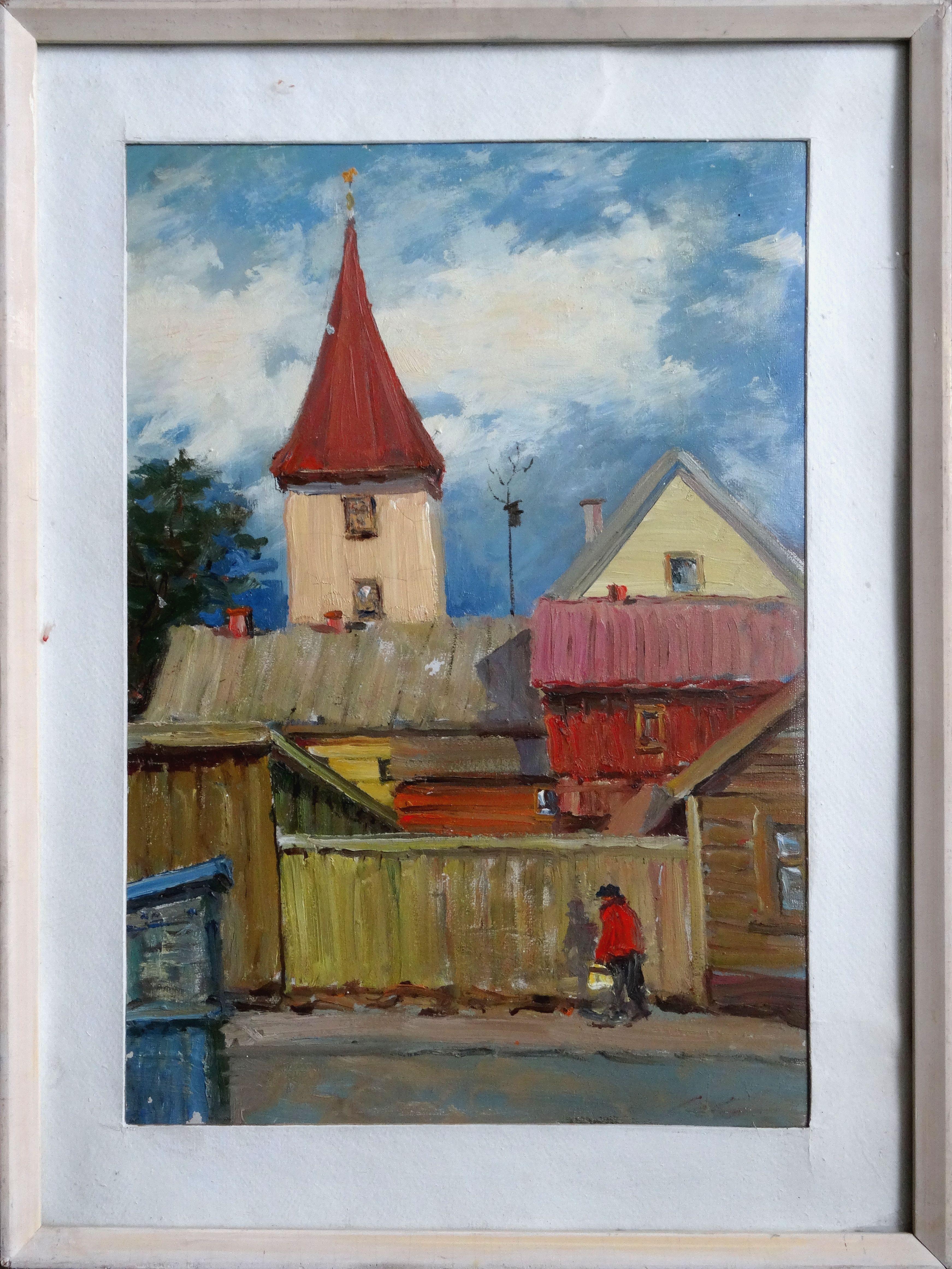 Tukums  1976, oil on board, 47.5x33.5 cm - Painting by Stanislav Kreics