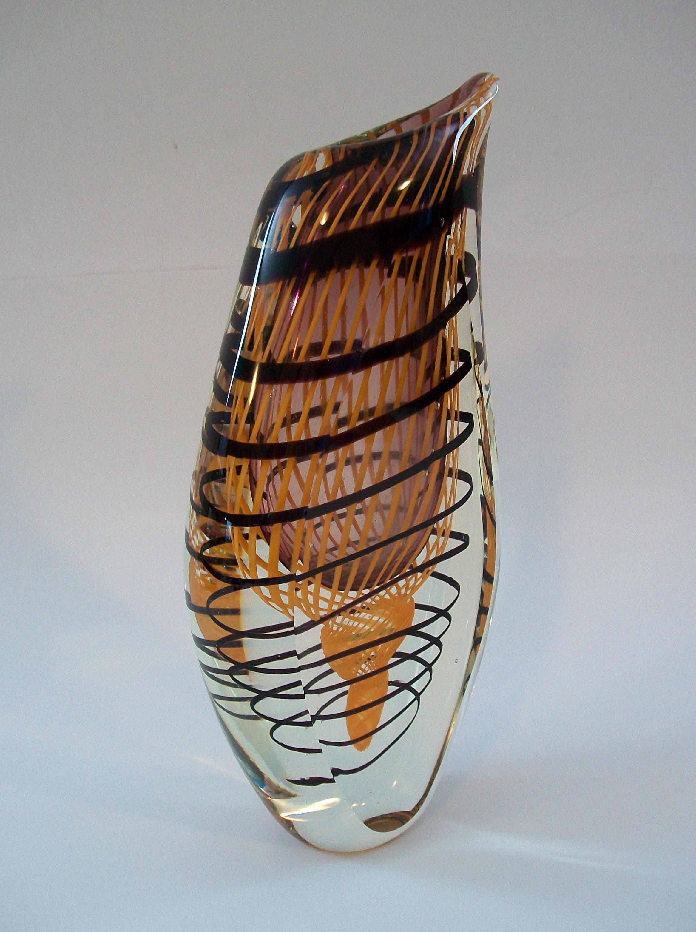 STANISLAV LIBENSKY 1921-2002 (Attributed) Designer - BERANEK SKRDLOVICE GLASSWORKS Manufacturer - Czech art glass vase - featuring a spiral twist design in aubergine and orange glass with an amethyst well - heavy weight with a polished finish
