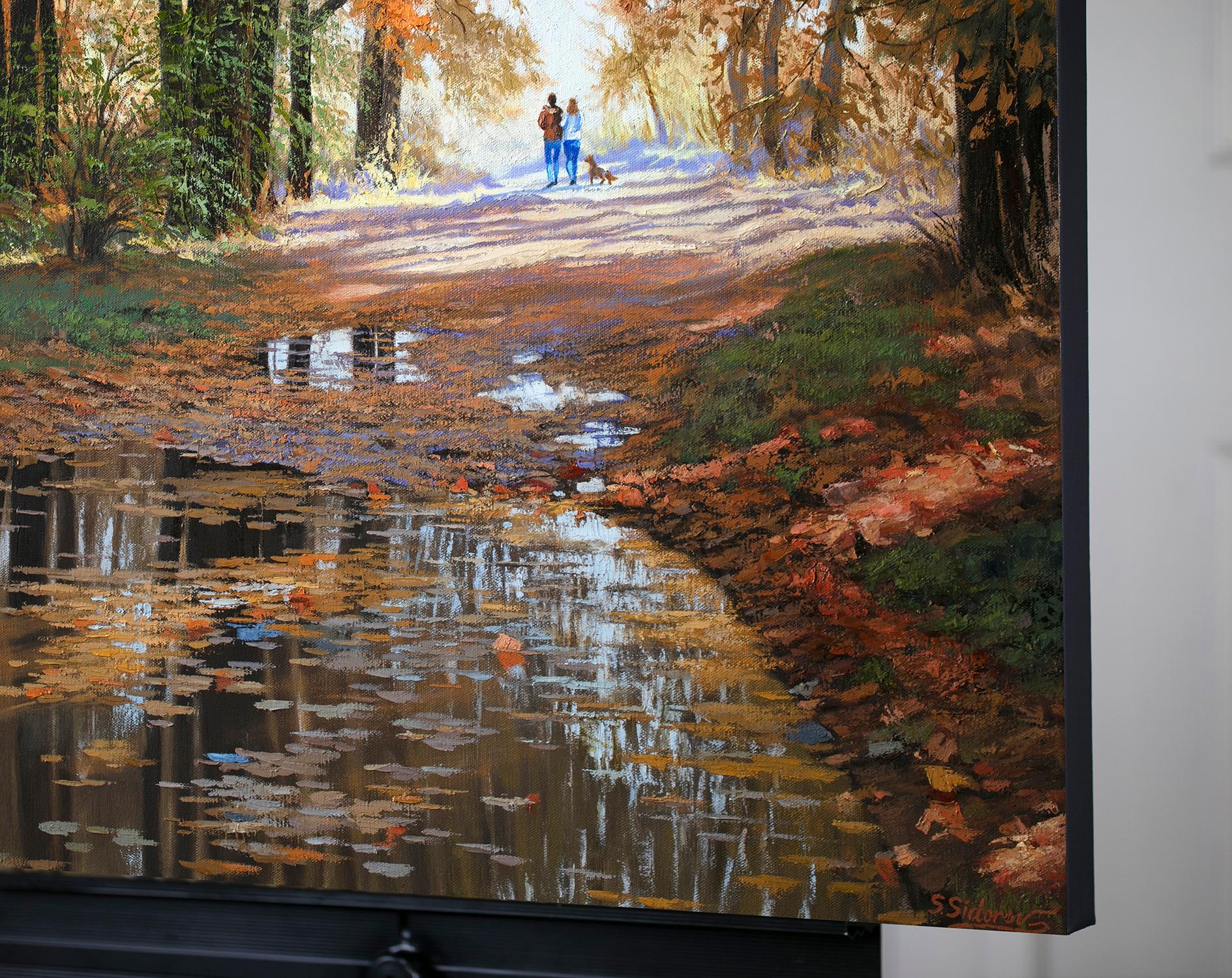 <p>Artist Comments<br>A couple takes a peaceful stroll with their dog through a shaded road in the woods. Layers of vibrant, warm hues convey the spirit of autumn transformation. Expressive strokes capture the dynamic energy of the season, while the