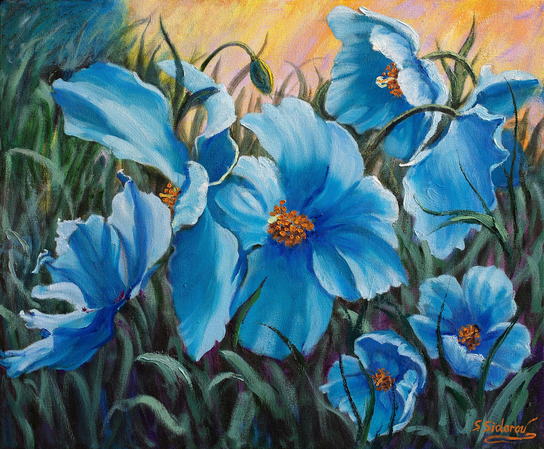 Stanislav Sidorov Still-Life Painting - Blue Poppies, Oil Painting