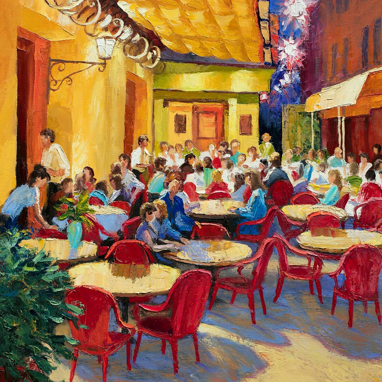 <p>Kommentare des KÃ?nstlers<br>Als Teil seiner Stadtbildserie malt der KÃ?nstler Stanislav Sidorov eine lebhafte Darstellung des CafÃ© Van Gogh in Arles, Frankreich. Das warme und einladende Licht des Cafés fällt auf die Tische und die