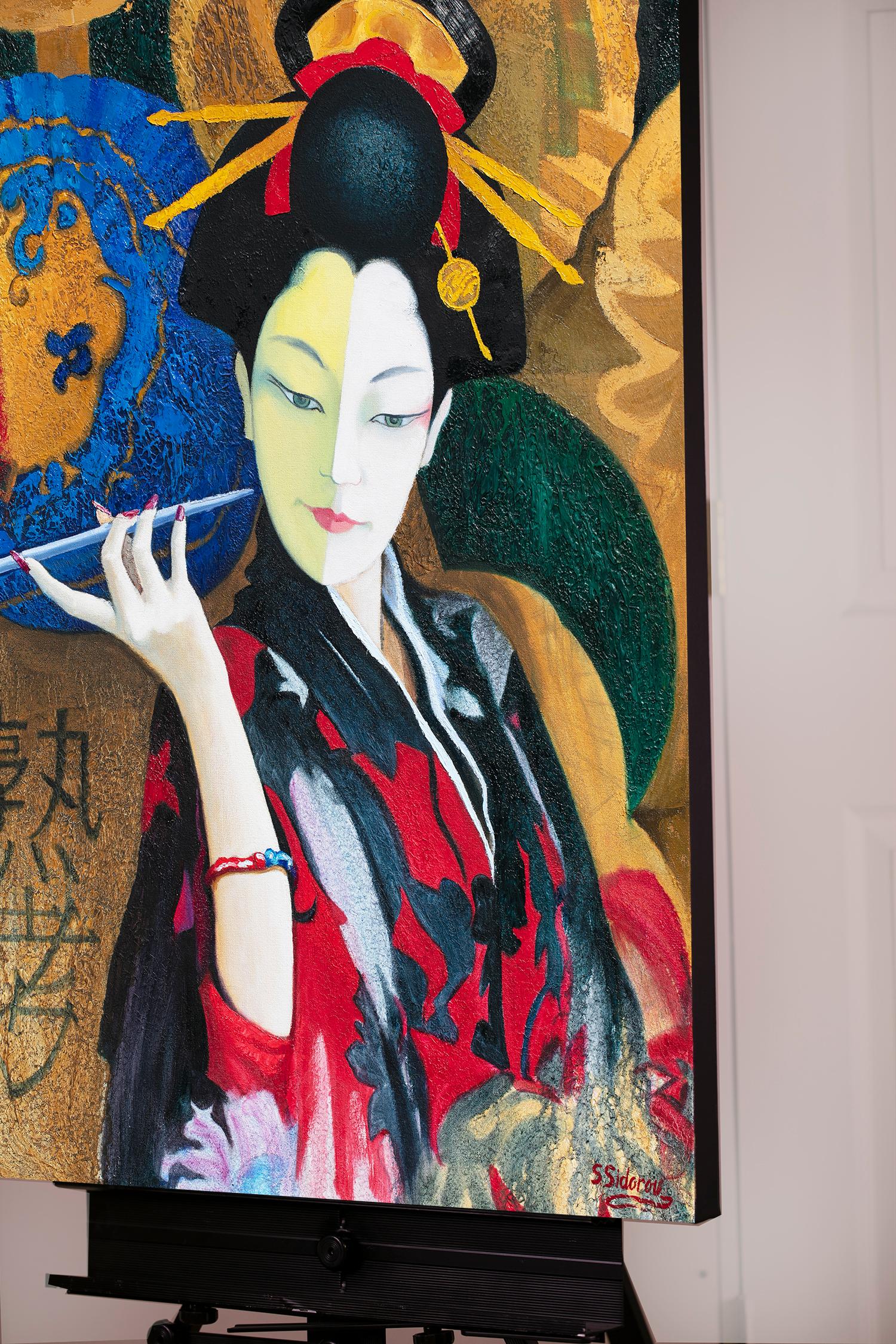 Contemplation. Peinture à l'huile - Femme japonaise avec la pipe - Painting de Stanislav Sidorov
