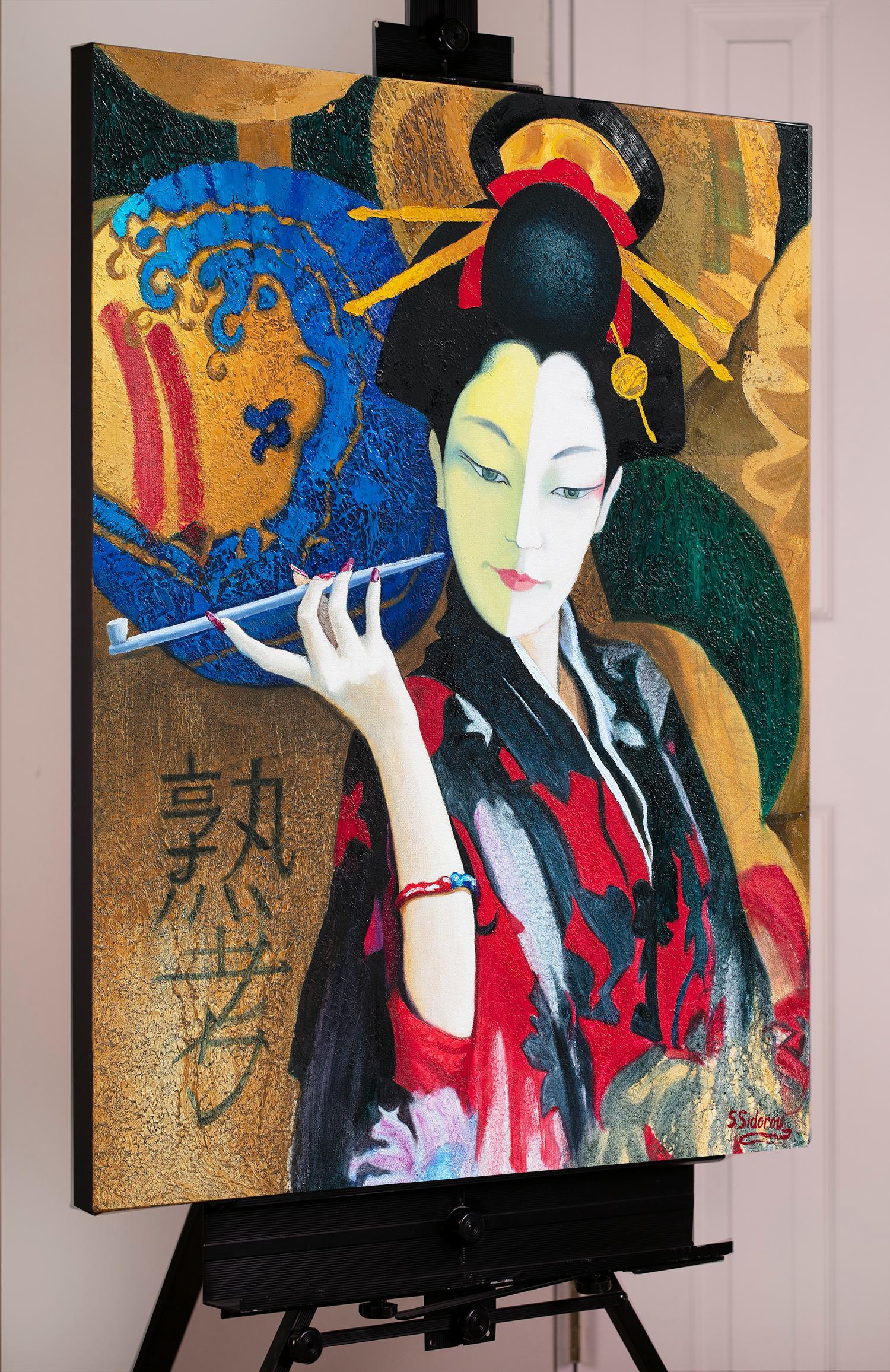 Contemplation. Peinture à l'huile - Femme japonaise avec la pipe - Contemporain Painting par Stanislav Sidorov