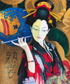 Contemplation. Peinture à l'huile - Femme japonaise avec la pipe