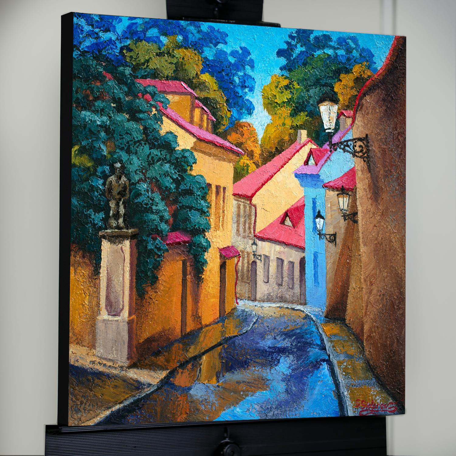 <p>Artist Comments<br>A cozy street in Prague glows with vibrancy after a rainfall. Refreshed leaves adorn the trees, houses exude a renewed radiance, and the wet pavement glistens with the colors of its surroundings. Painted with a palette knife,