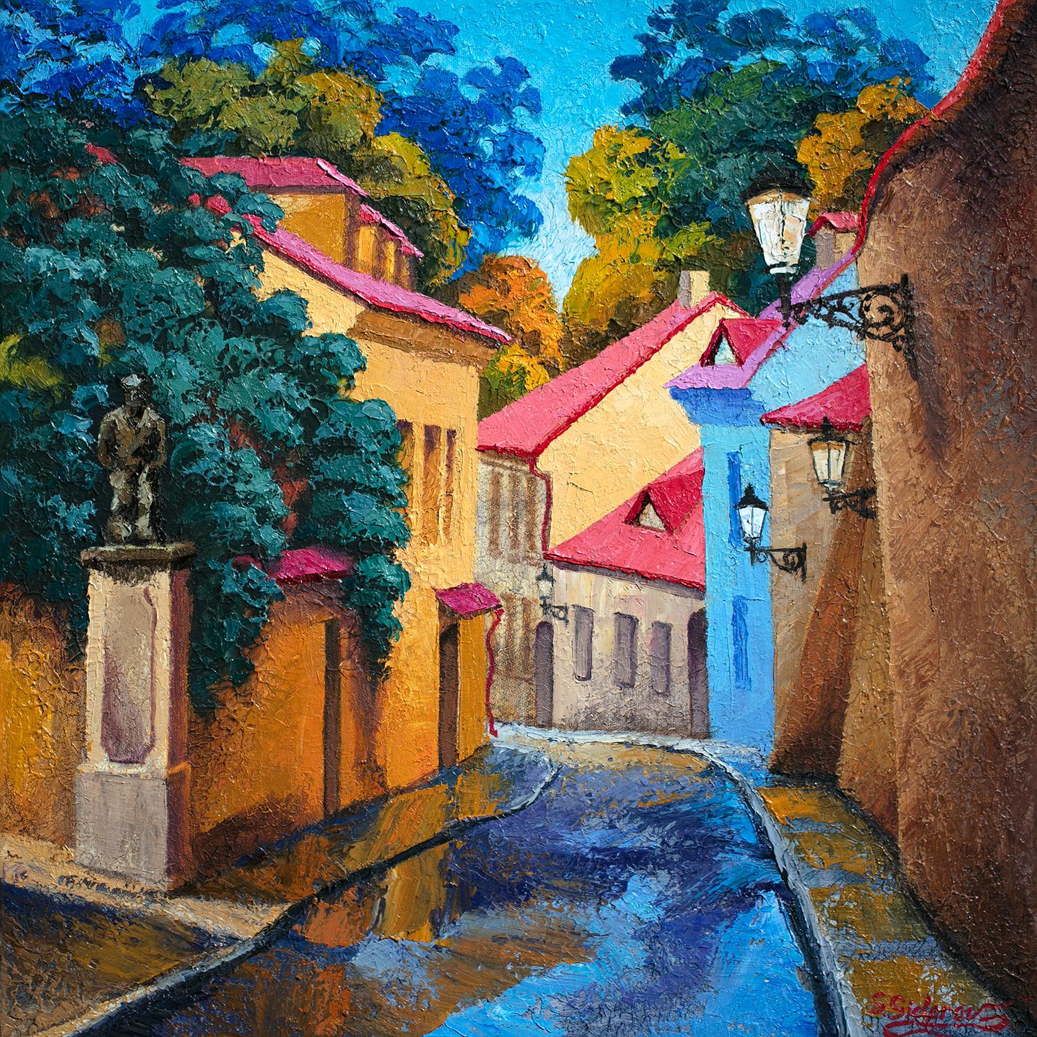 Cozy Street. Prague, peinture à l'huile - Art de Stanislav Sidorov