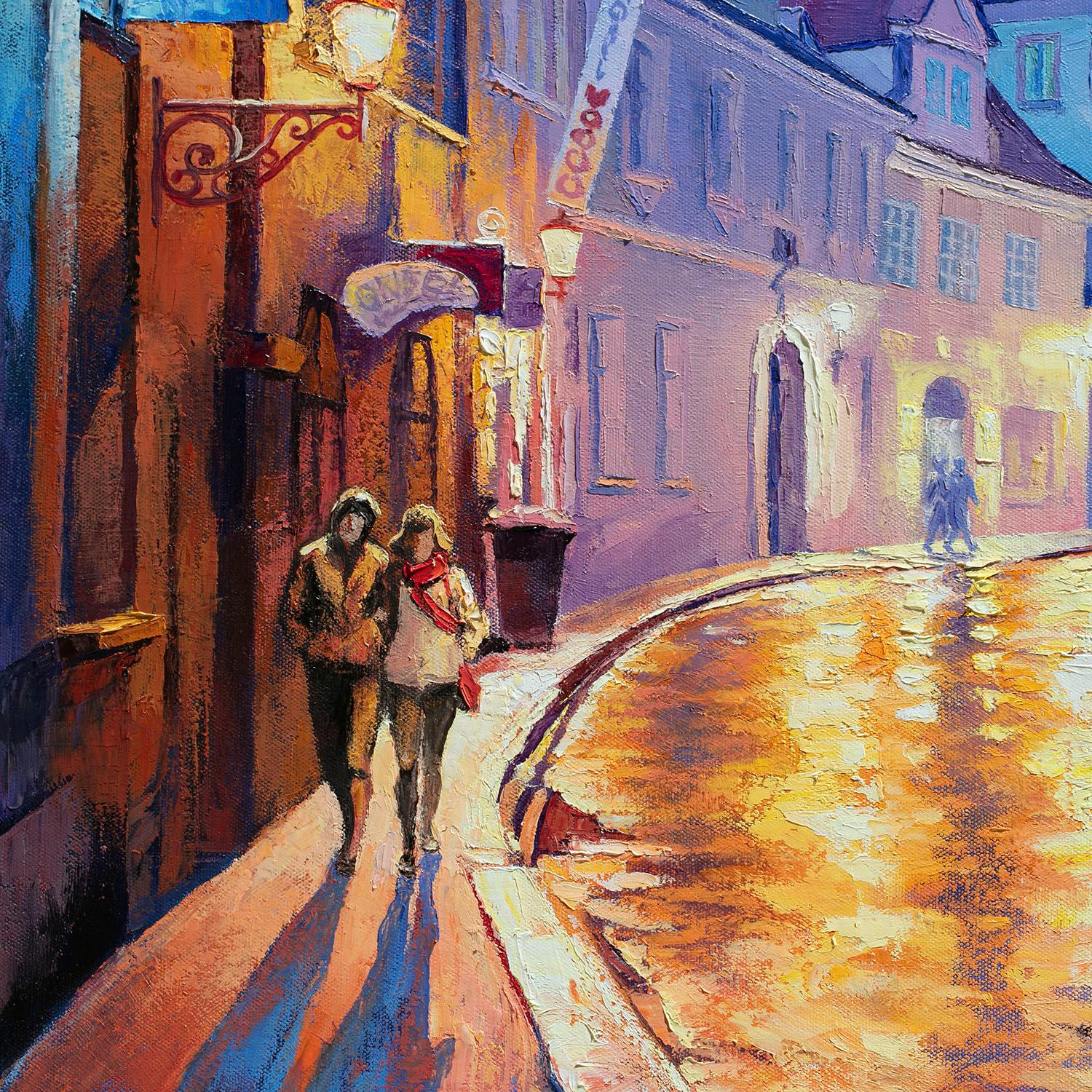 <p>Artist Comments<br>Artist Stanislav Sidorov captures a couple walking in a fairytale-looking town. The street light accentuates the building's medieval details and casts a dramatic aura on the pavement. The crescent moon illuminates the night