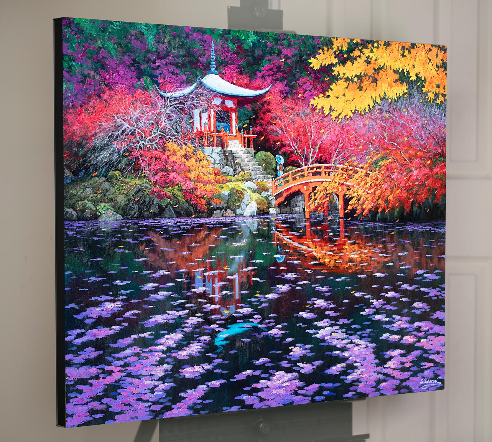 <p>Artist Comments<br />A lone figure in a kimono crosses a picturesque bridge within the Daigoji Temple grounds in Kyoto, Japan. Autumn leaves float gently on the tranquil pond, showcasing the magical interplay of light and color. Through vibrant