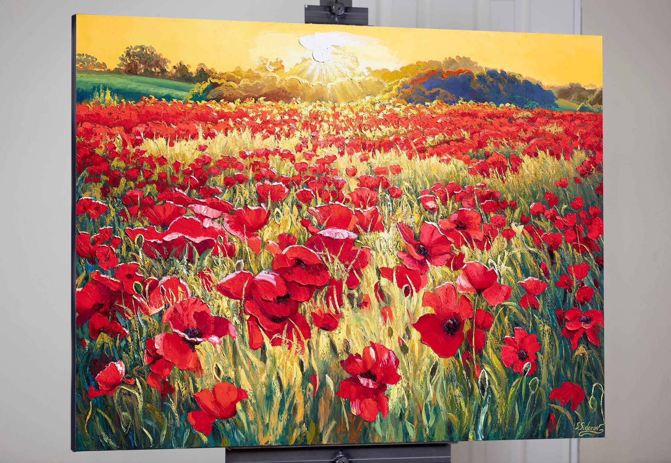 <p>Commenti dell'artista<br>Un campo di papaveri rossi esplode di colori vibranti, illuminato dalle sfumature dorate del sole al tramonto. I tratti audaci catturano la profondità e la vitalità della scena. Dipinti con una spatola, i ricchi strati di