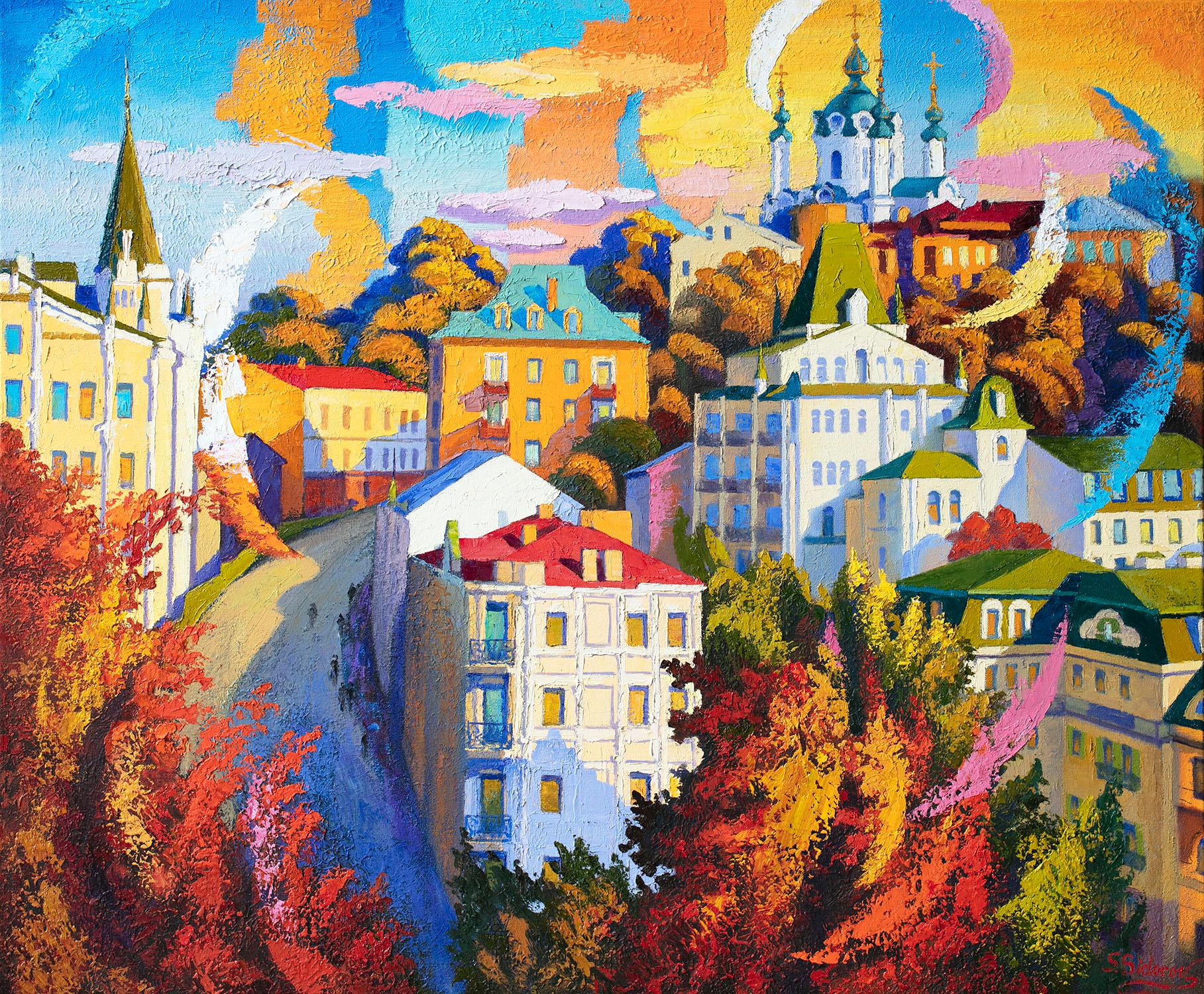 Kyiv, Ucraina. Andreevsky Spusk. Campana che suona, pittura a olio - Art di Stanislav Sidorov