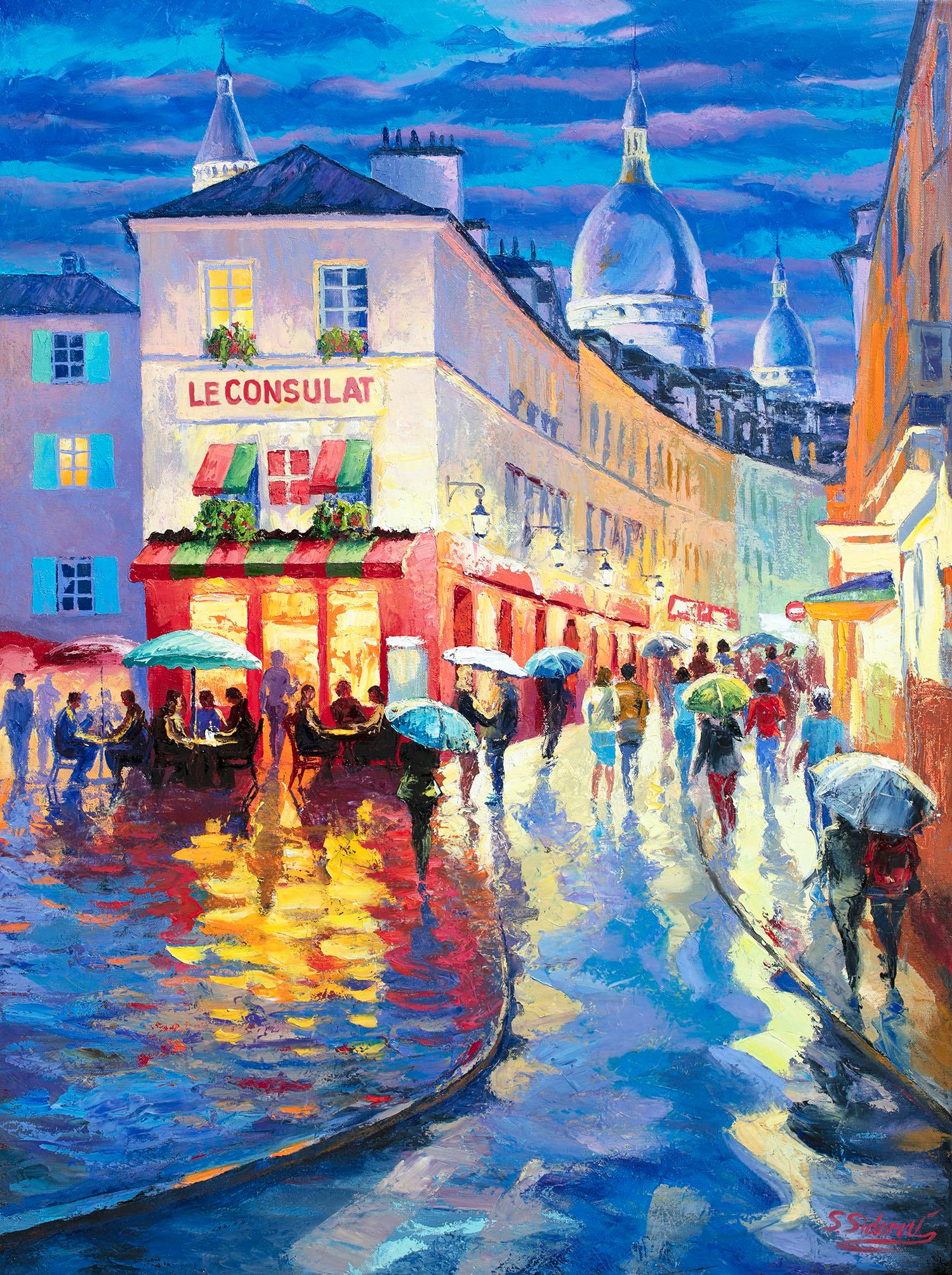 Stanislav Sidorov Interior Painting - Rainy Night in Paris. Cafe de Consulate, Oil Painting