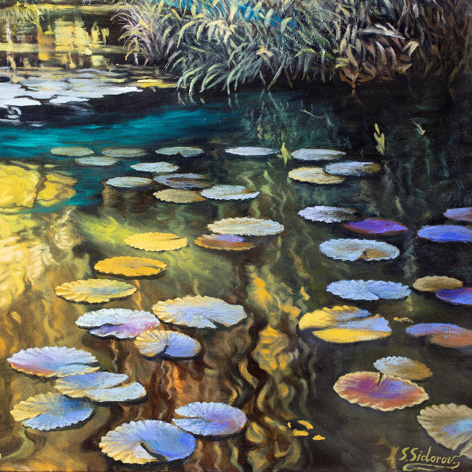 Stagno segreto, Pittura a olio - Landscape Painting Nero di Stanislav Sidorov