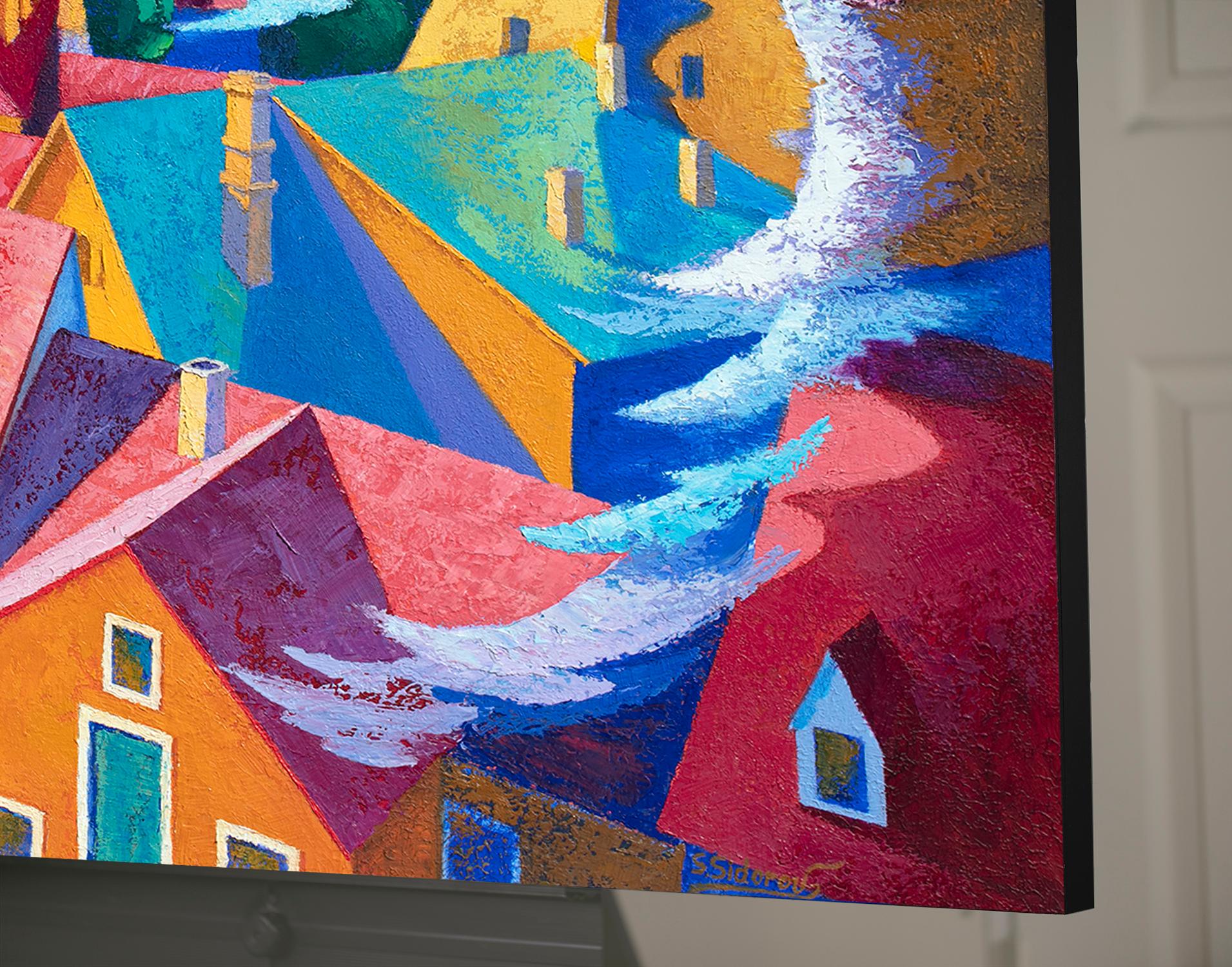 <p>Artist Comments<br>Artist Stanislav Sidorov presents an expressionist overhead view of Meissen Germany as part of his Cityscape series. The scene boasts old European architecture and stands beautifully in vibrant colors. Blue gusts of wind blow
