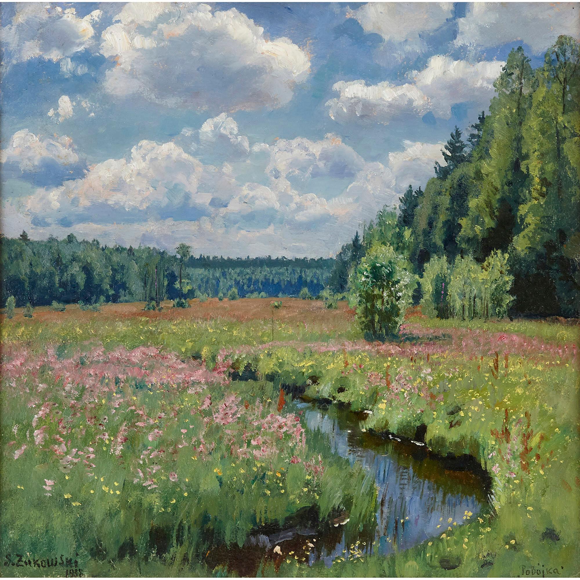 Russisches impressionistisches Gemälde einer Wiese von Zhukovsky – Painting von Stanislav Yulianovich Zhukovsky