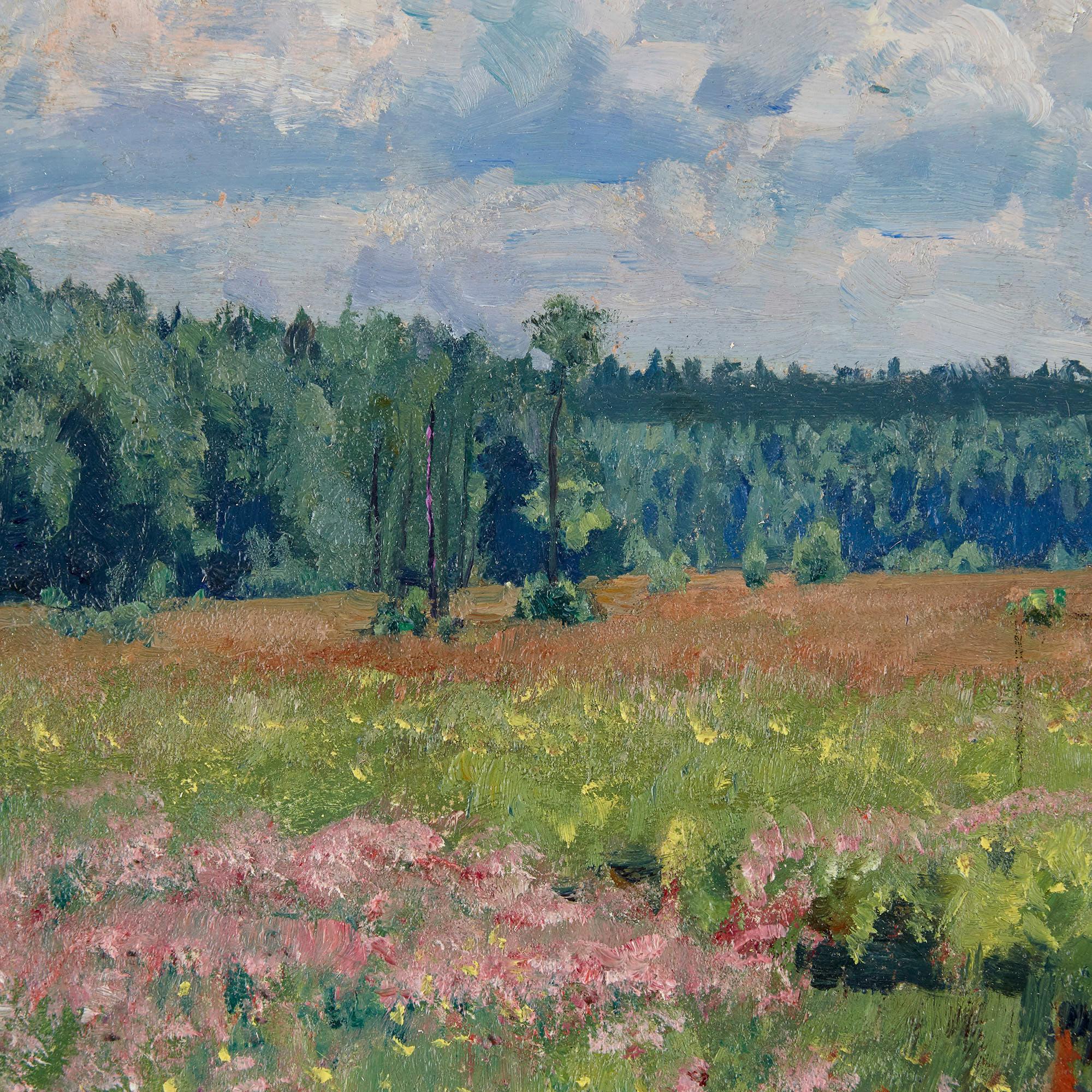 Russisches impressionistisches Gemälde einer Wiese von Zhukovsky (Grau), Landscape Painting, von Stanislav Yulianovich Zhukovsky