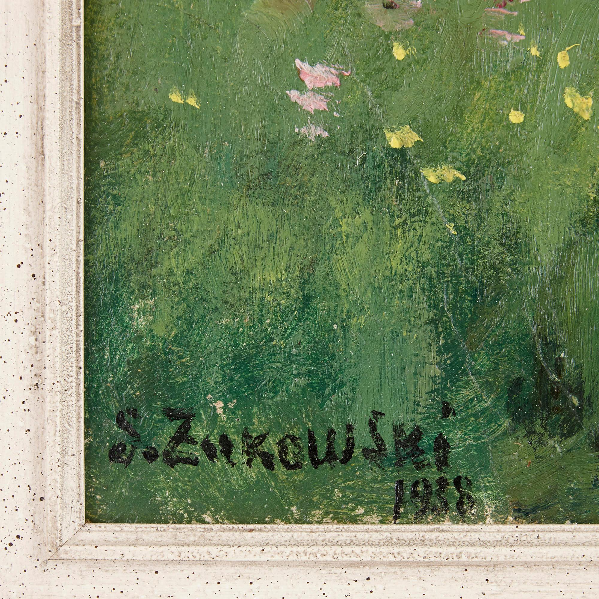 Russisches impressionistisches Gemälde einer Wiese von Zhukovsky
Russisch, 1938
Rahmen: Höhe 68cm, Breite 67,5cm, Tiefe 4cm
Leinwand: Höhe 48cm, Breite 48cm, Tiefe 0,5cm

Dieses schöne Ölgemälde des polnisch-russischen Künstlers Stanislav