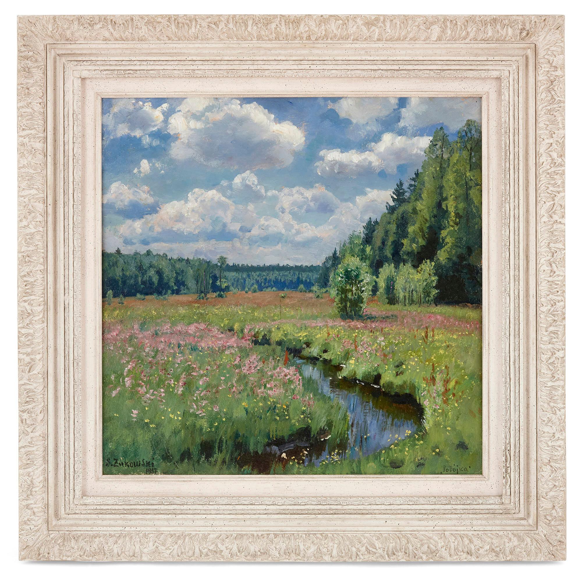 Stanislav Yulianovich Zhukovsky Landscape Painting – Russisches impressionistisches Gemälde einer Wiese von Zhukovsky