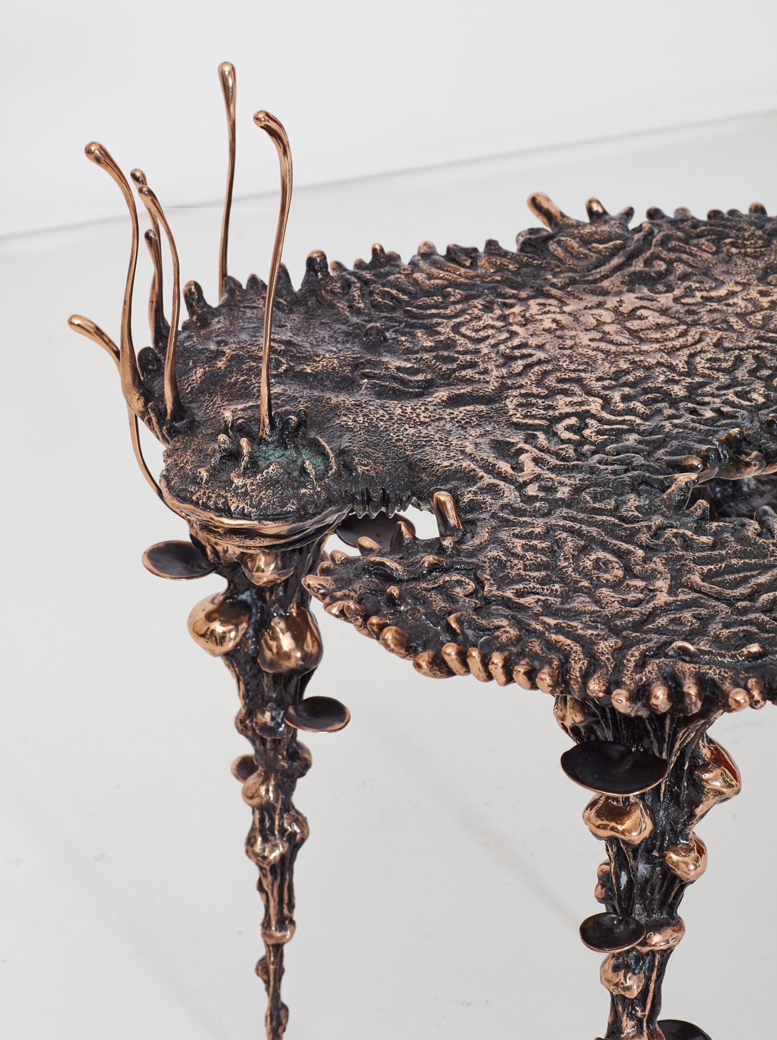 This side-table by sculptor Stanislaw Trzebinski appears alive and ancient at the same time. The artist is deeply inspired by the natural world – by the ocean life he encountered diving off the East African coast and the wildlife of the Rift