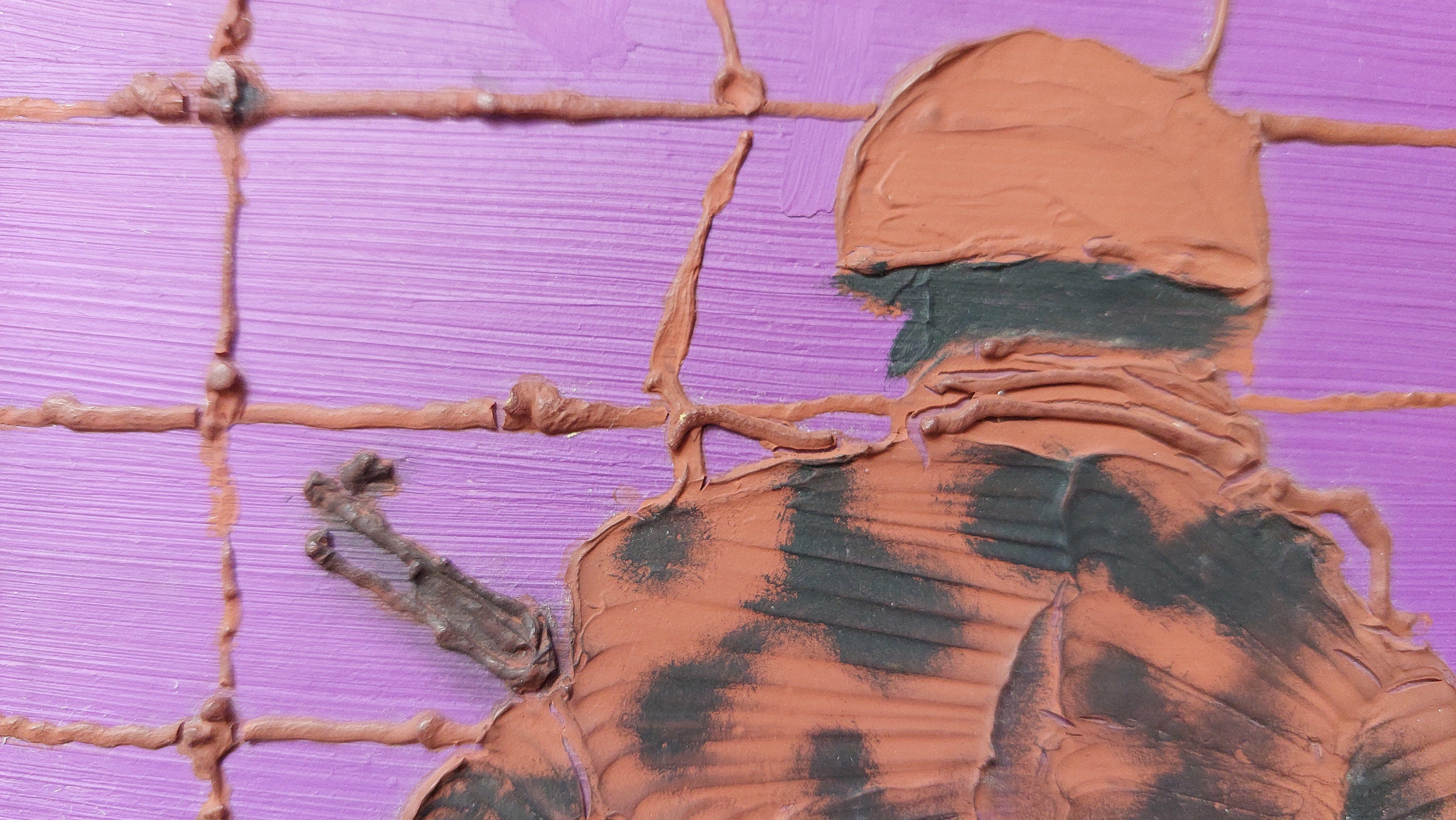 Soldier. 1950.  Cardboard, author technique, 39,5x20 cm
Artwork depicts a soldier in motion. Author has used a mixed media technique on cardboard. Both the soldier himself and the fence visible in the background are textured. Purple and turquoise