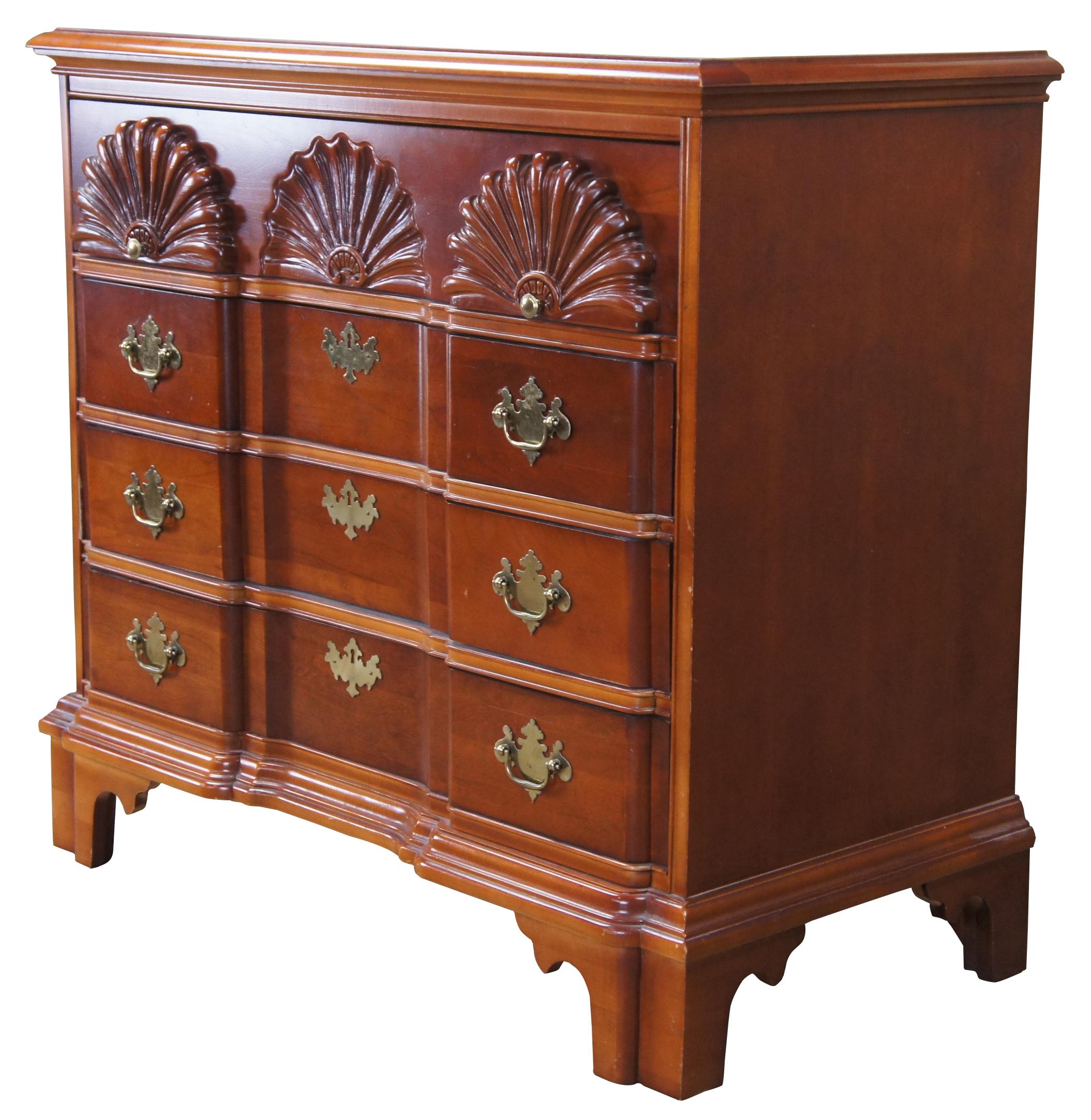 Late 20th century American Craftsman block front chest by Stanley Furniture. Made from cherry with classic Chippendale styling. Features 4 drawers and brass hardware. # 05-13-19. Measures: 36”.
  