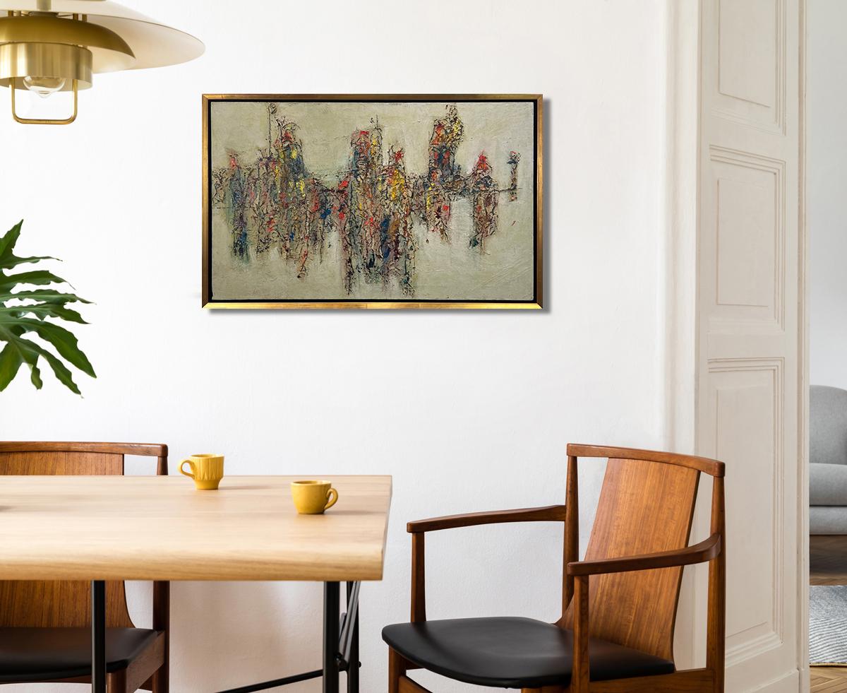 This Modern Abstract Expressionist painting by Stanley Bate is made with oil paint on canvas. It features a muted, earth-toned palette with contrasting warm yellow, orange, and red accents throughout. The painting is framed in a floater frame with