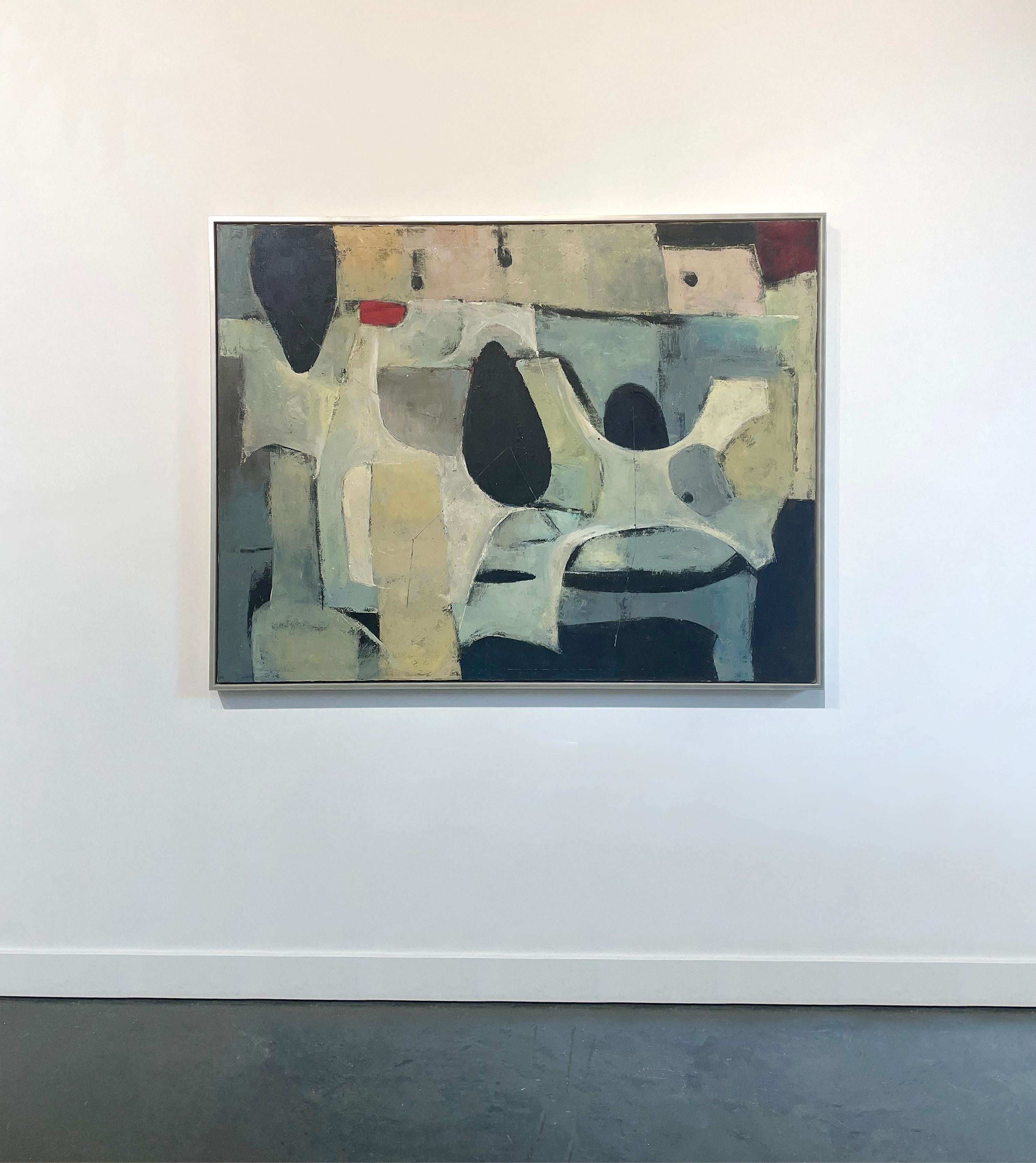 This Modern Abstract Expressionist painting Stanley Bate features abstracted shapes which are applied in thick, textured layer of paint over one another. the organic shapes are applied in varying colors including white, blue, muted green, and black.