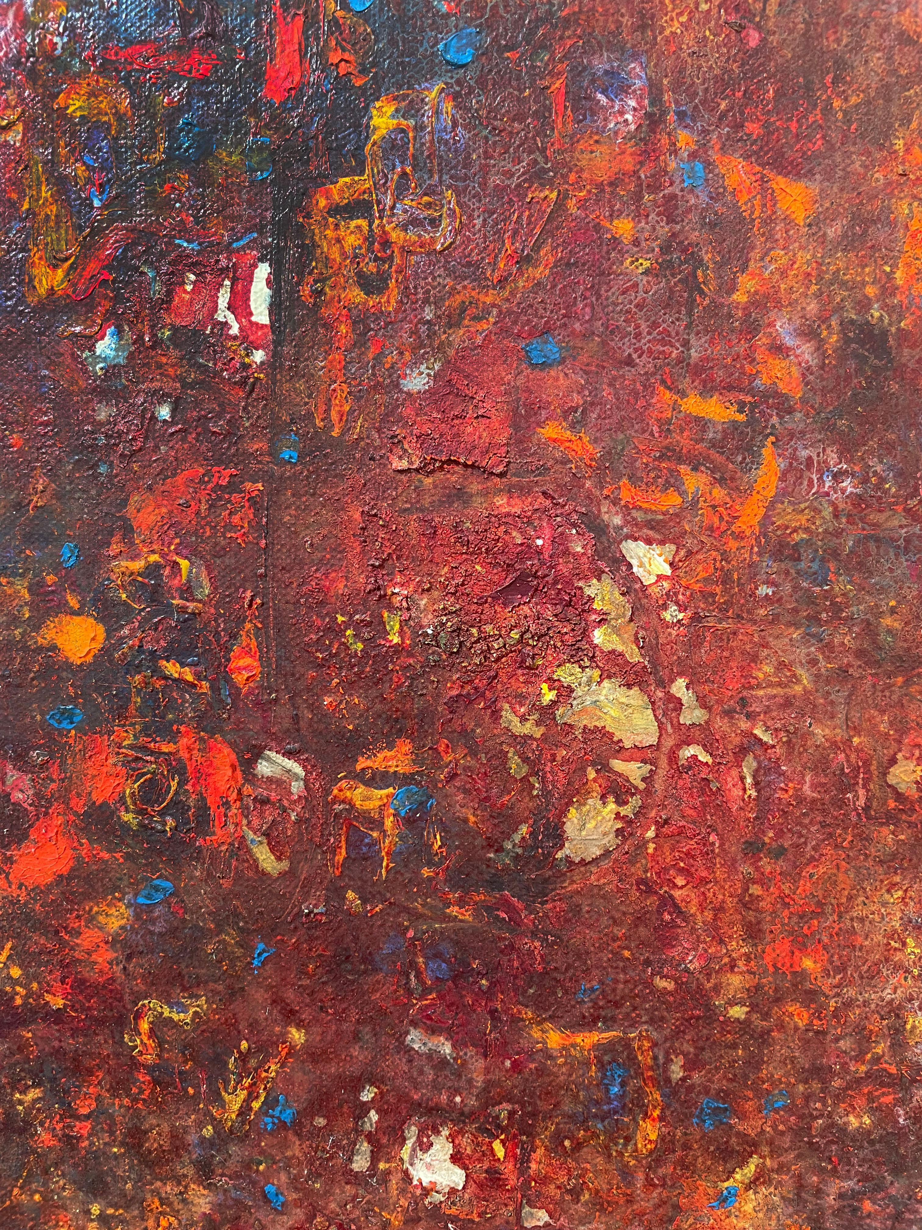 This Modern abstract painting by Stanley Bate features a deep red, imperfect square at the center of the composition. The red shape is highly textured and is composed of painterly dabs of orange, pink, burgundy, and charcoal grey. The outside of the